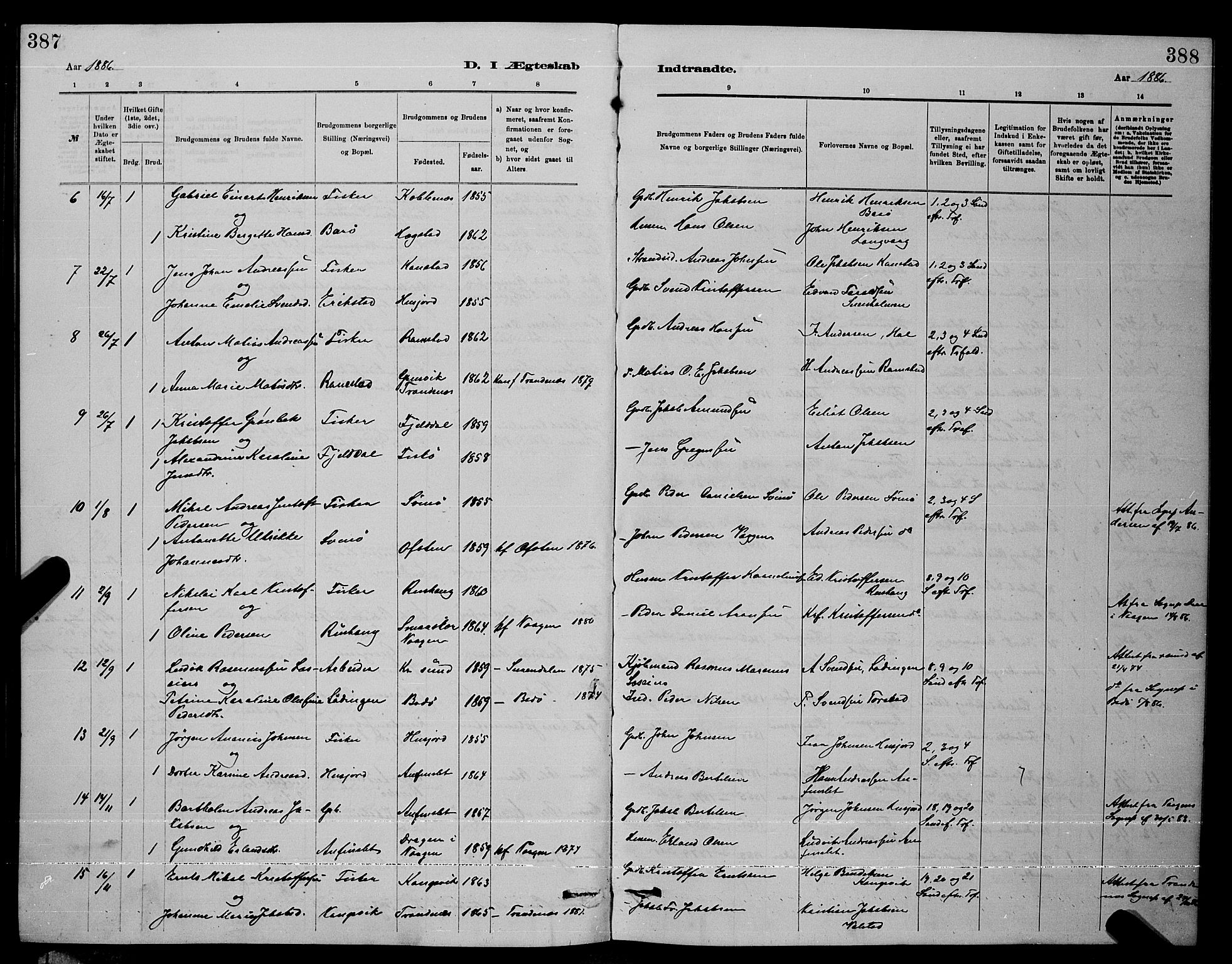 Ministerialprotokoller, klokkerbøker og fødselsregistre - Nordland, AV/SAT-A-1459/872/L1047: Parish register (copy) no. 872C03, 1880-1897, p. 387-388