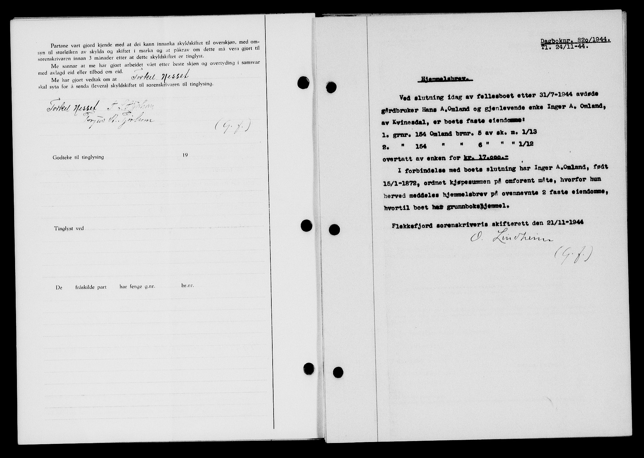 Flekkefjord sorenskriveri, SAK/1221-0001/G/Gb/Gba/L0059: Mortgage book no. A-7, 1944-1945, Diary no: : 820/1944