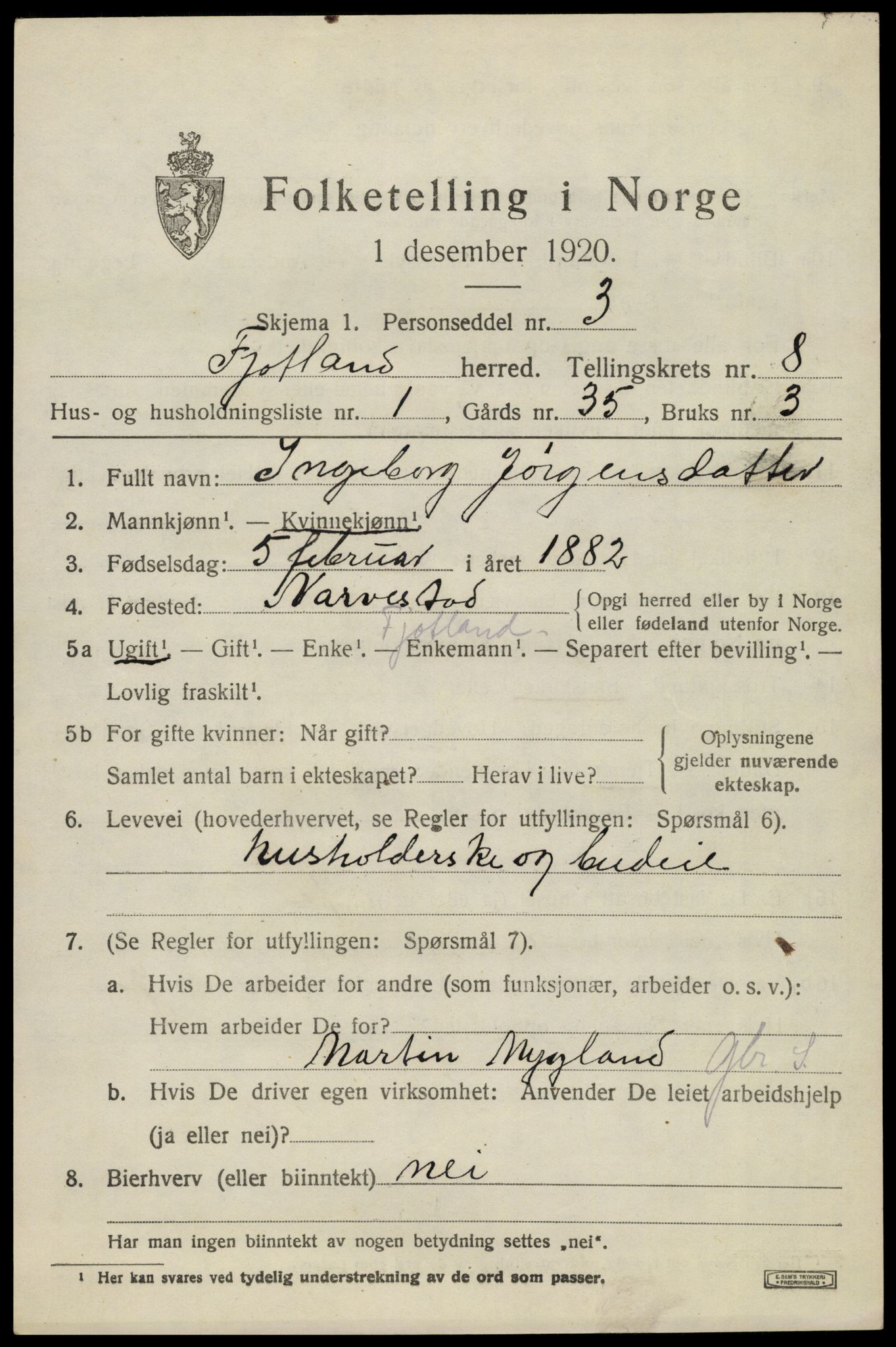 SAK, 1920 census for Fjotland, 1920, p. 2004