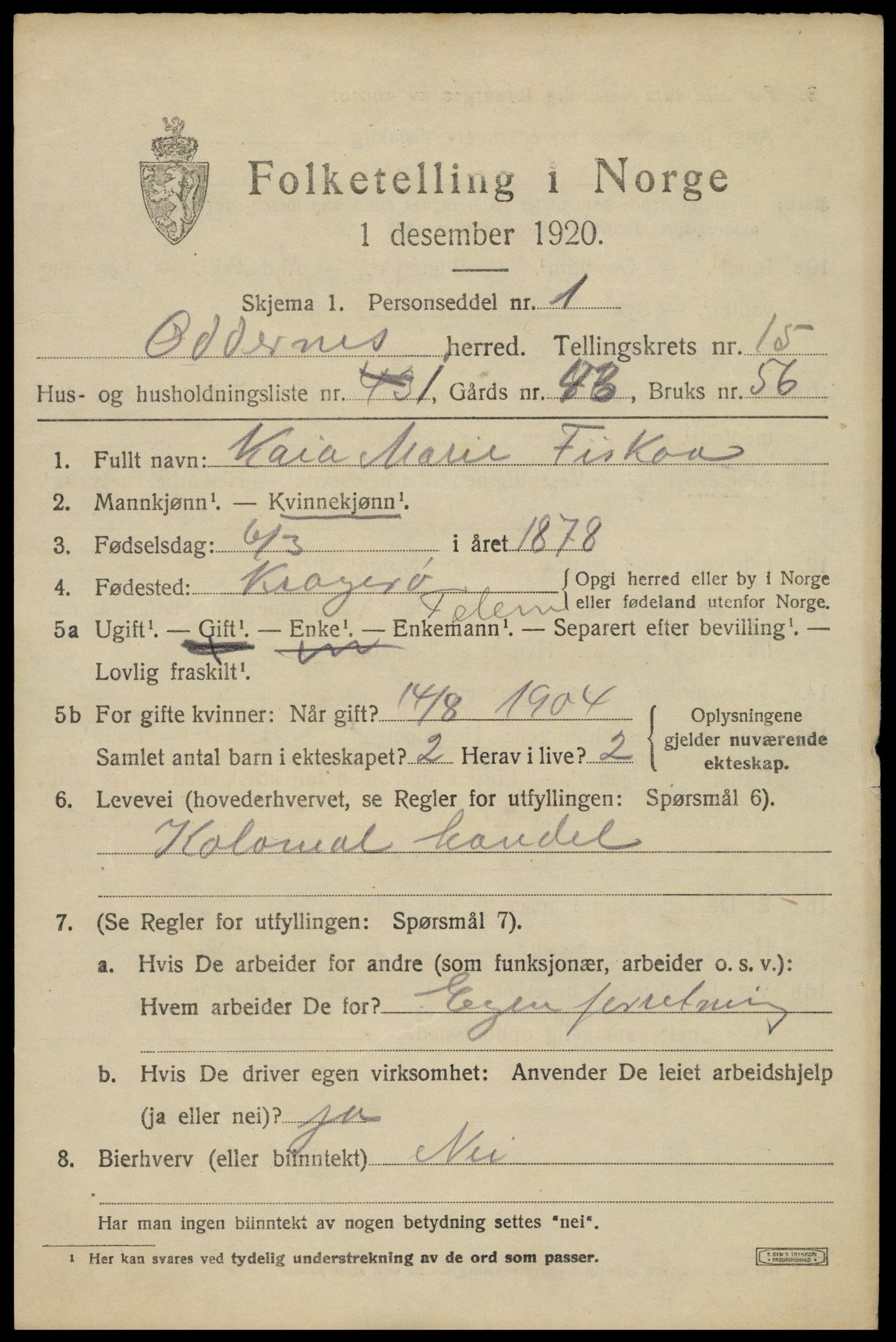 SAK, 1920 census for Oddernes, 1920, p. 9859