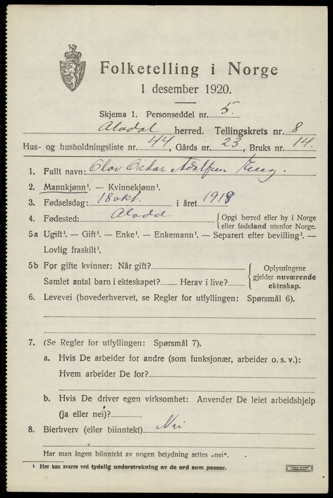 SAH, 1920 census for Alvdal, 1920, p. 4904