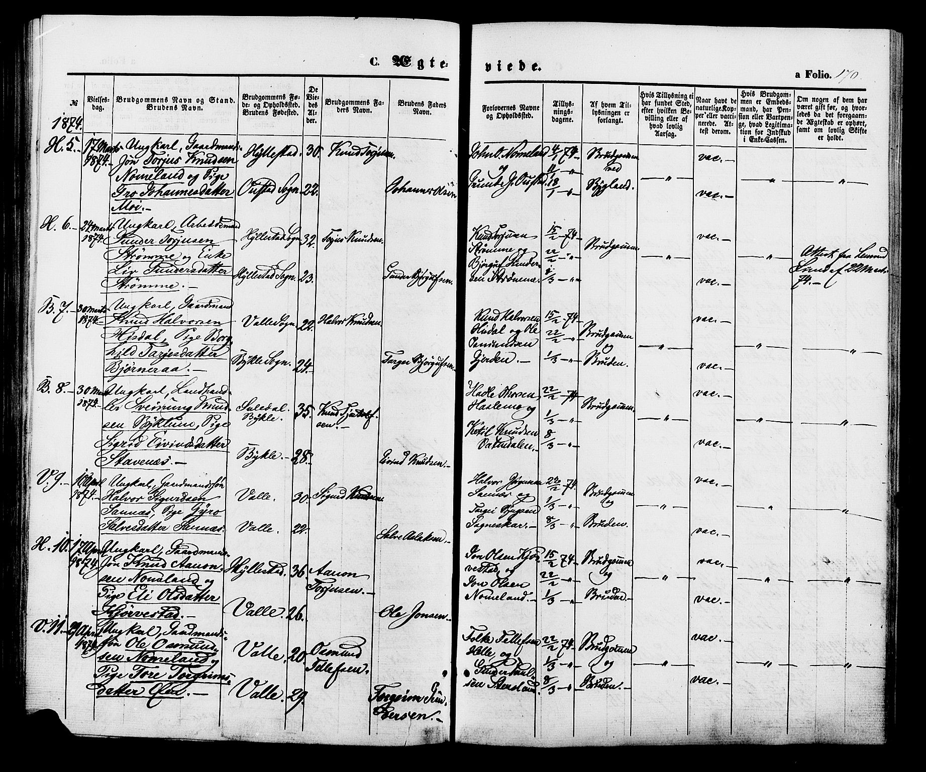 Valle sokneprestkontor, AV/SAK-1111-0044/F/Fa/Fac/L0008: Parish register (official) no. A 8, 1868-1882, p. 170