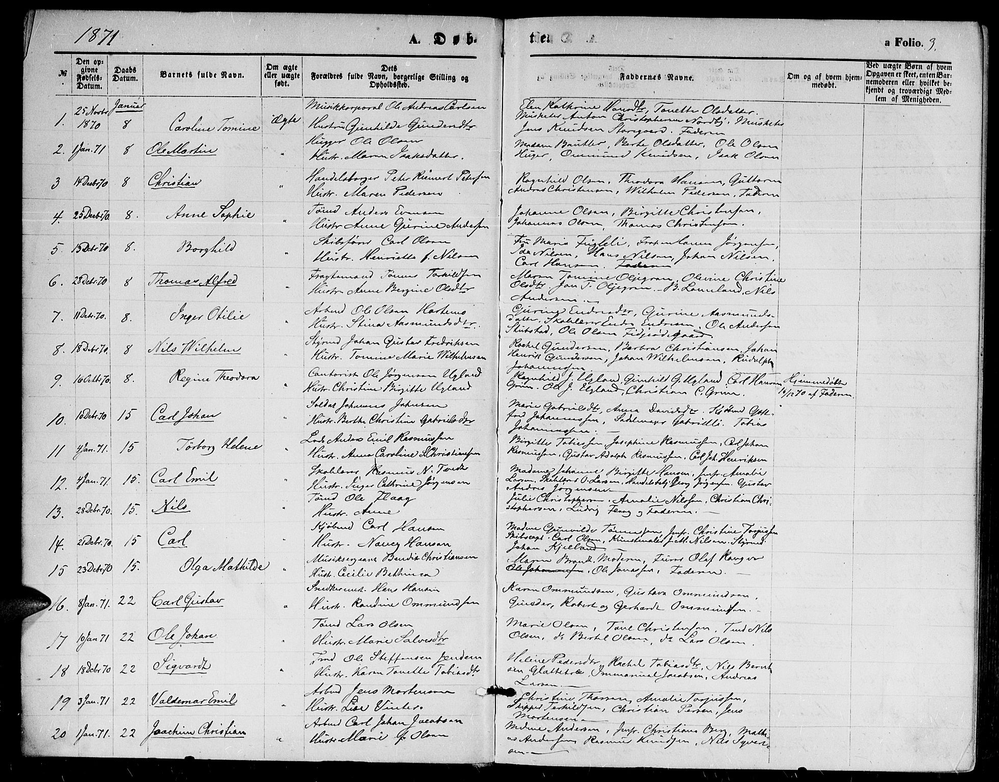 Kristiansand domprosti, SAK/1112-0006/F/Fb/L0013: Parish register (copy) no. B 13, 1871-1880, p. 3