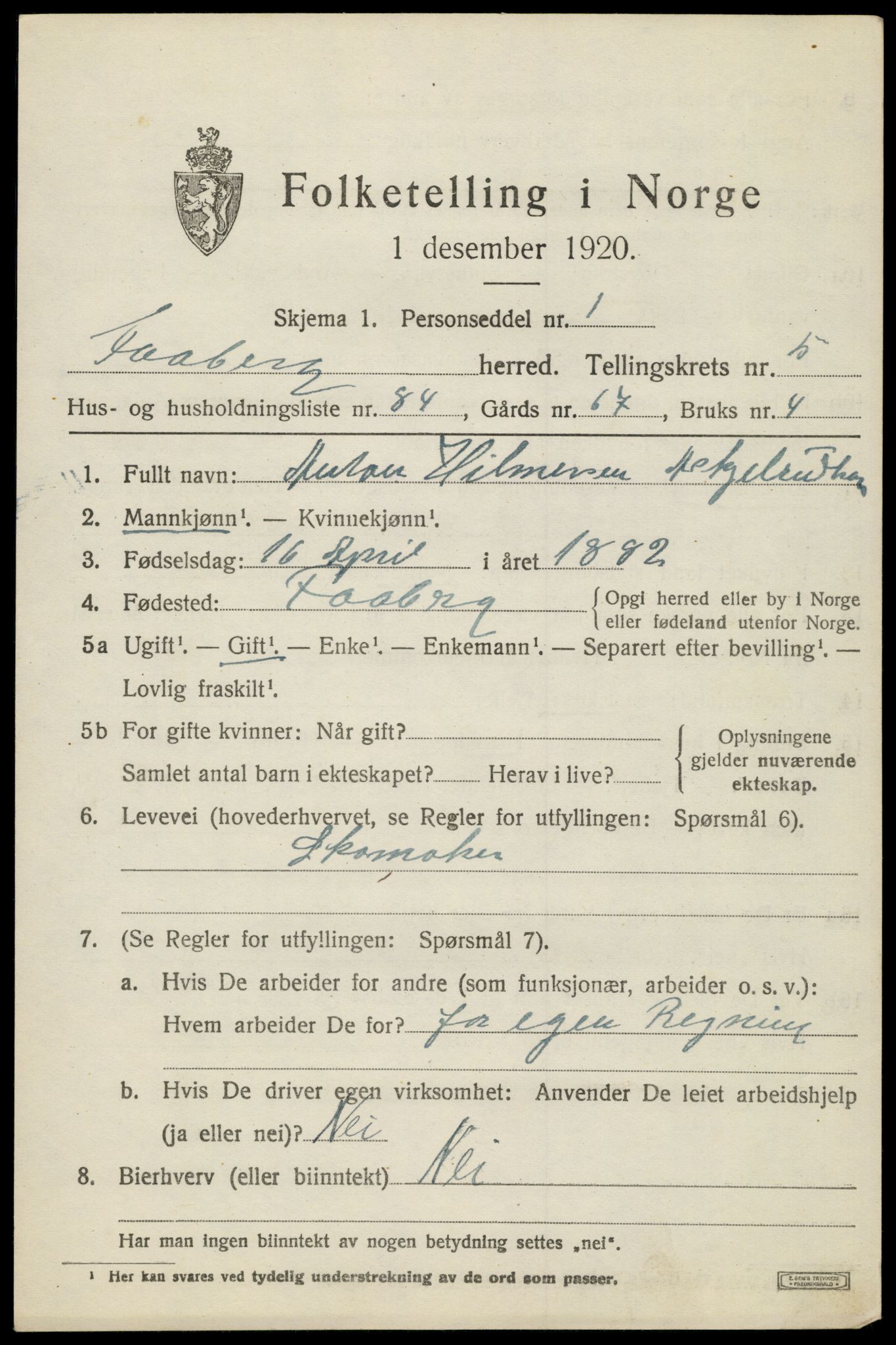 SAH, 1920 census for Fåberg, 1920, p. 7100