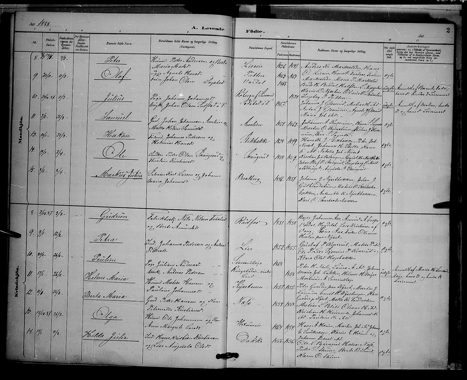 Vestre Toten prestekontor, AV/SAH-PREST-108/H/Ha/Hab/L0009: Parish register (copy) no. 9, 1888-1900, p. 2