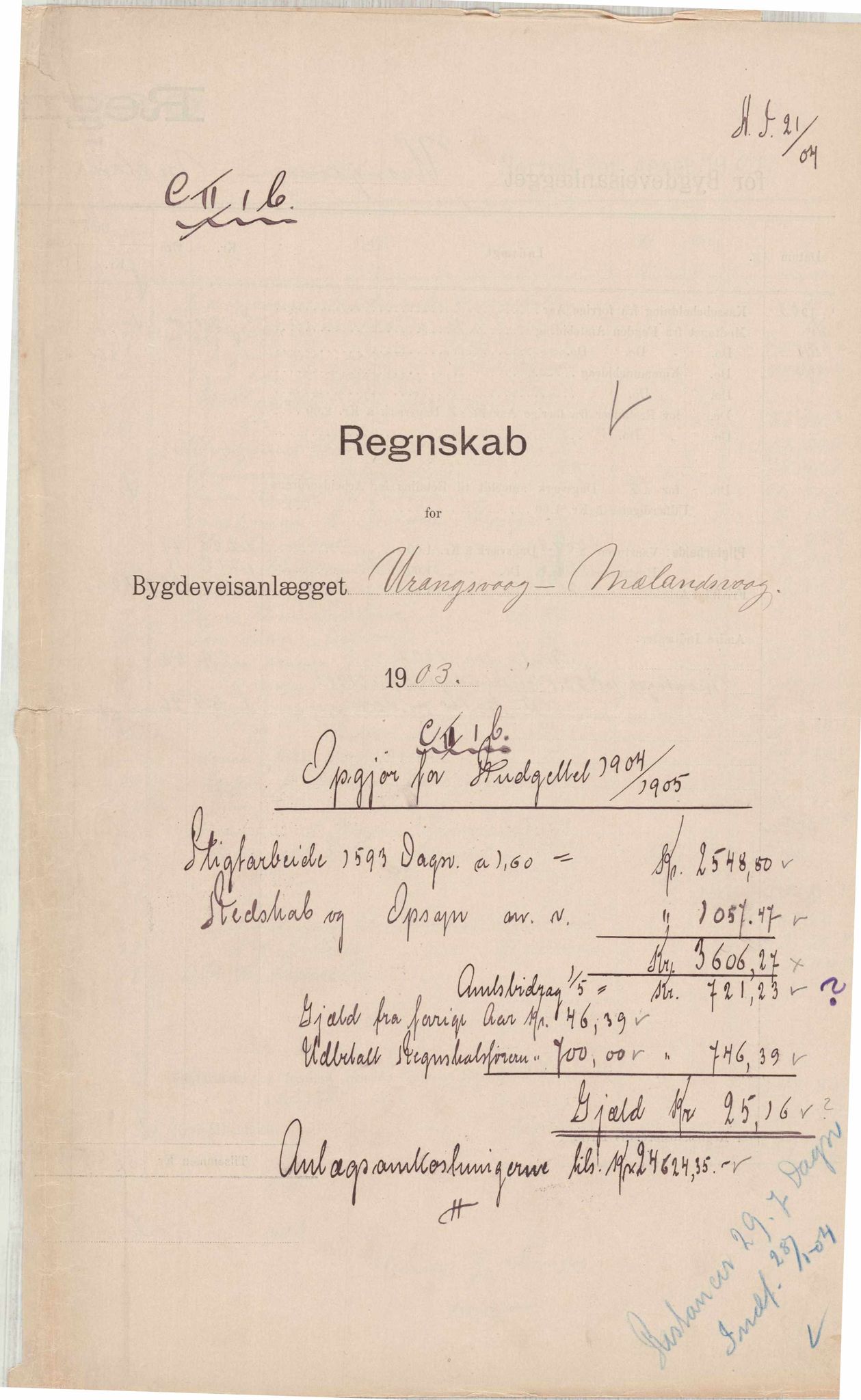 Finnaas kommune. Formannskapet, IKAH/1218a-021/E/Ea/L0002/0002: Rekneskap for veganlegg / Rekneskap for veganlegget Urangsvåg - Mælandsvåg, 1901-1903, p. 135