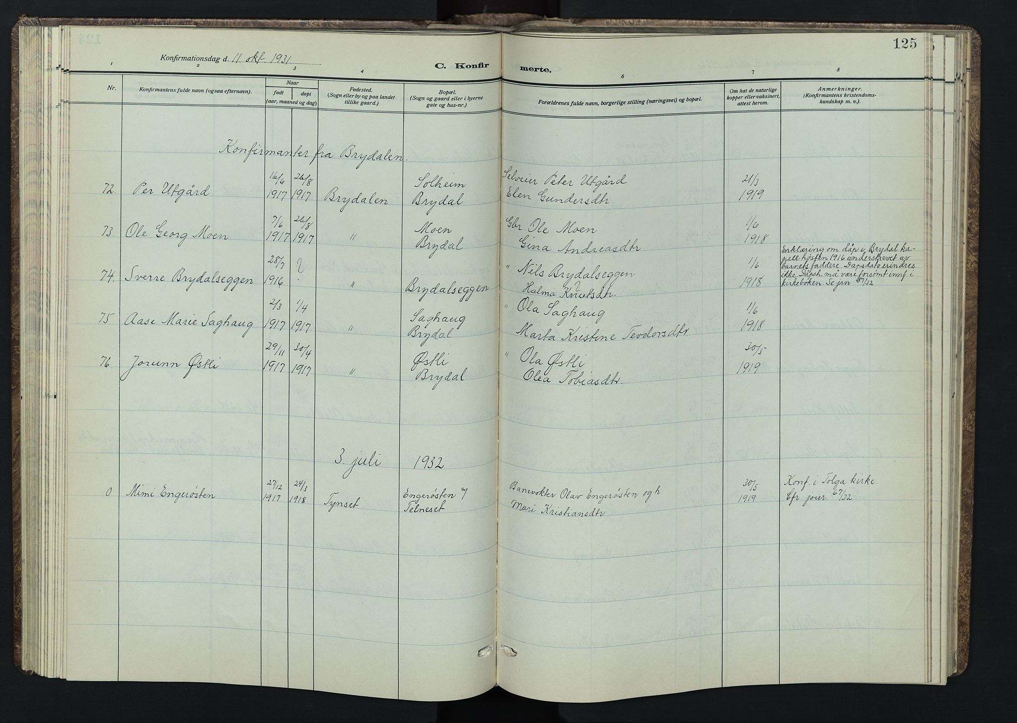 Tynset prestekontor, AV/SAH-PREST-058/H/Ha/Hab/L0012: Parish register (copy) no. 12, 1930-1944, p. 125