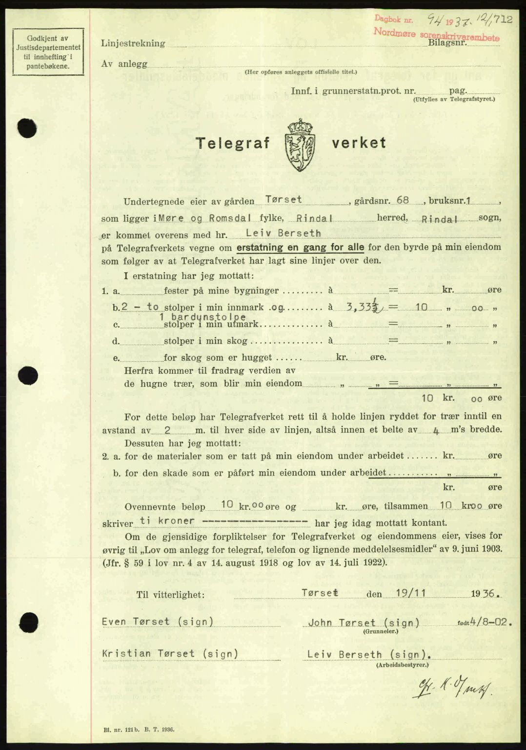 Nordmøre sorenskriveri, AV/SAT-A-4132/1/2/2Ca: Mortgage book no. A80, 1936-1937, Diary no: : 94/1937