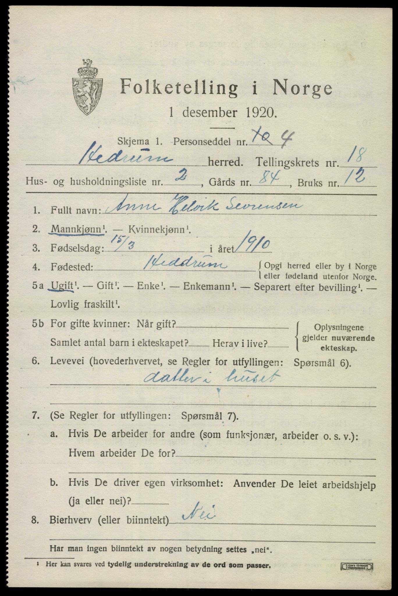 SAKO, 1920 census for Hedrum, 1920, p. 10815