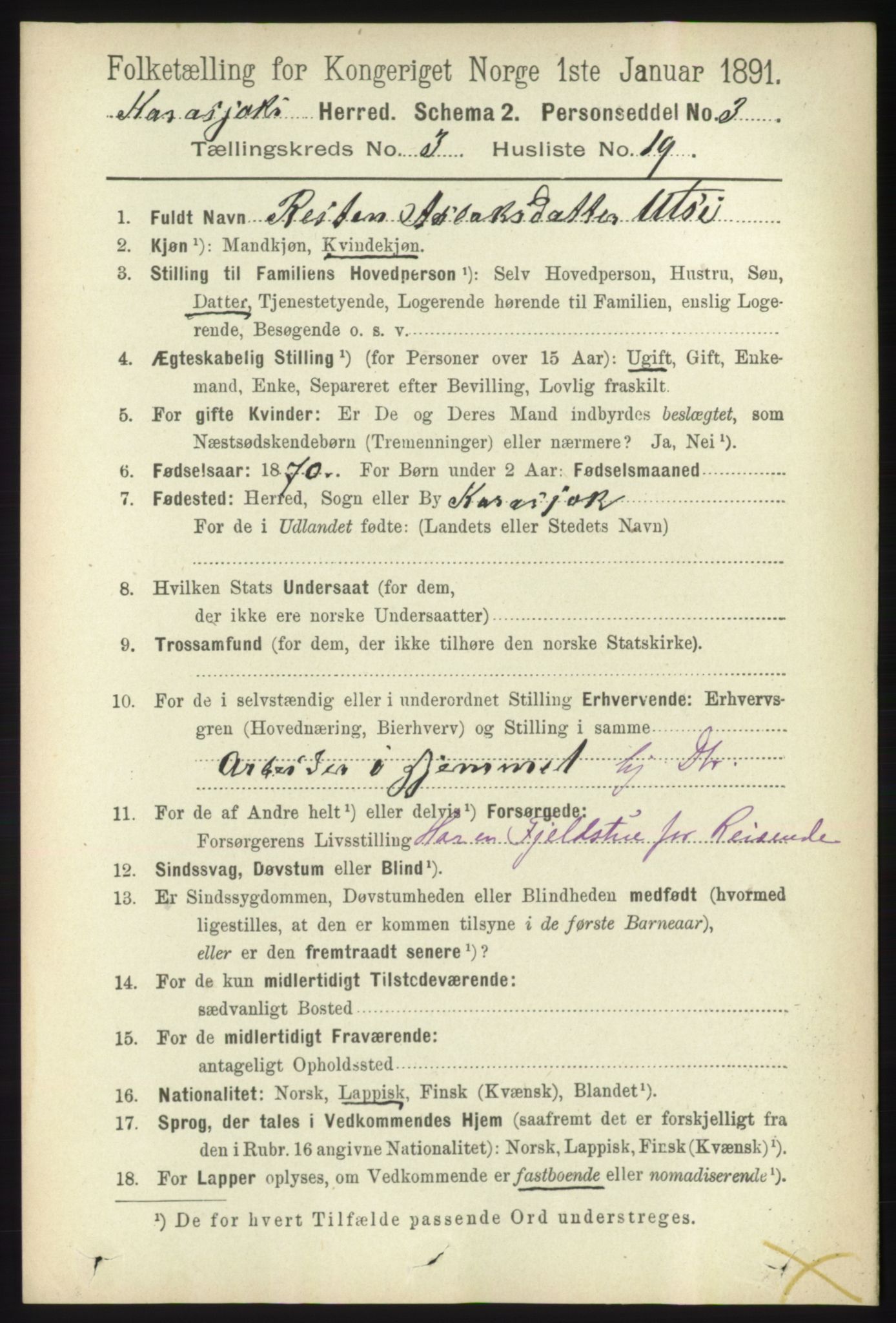 RA, 1891 census for 2021 Karasjok, 1891, p. 664