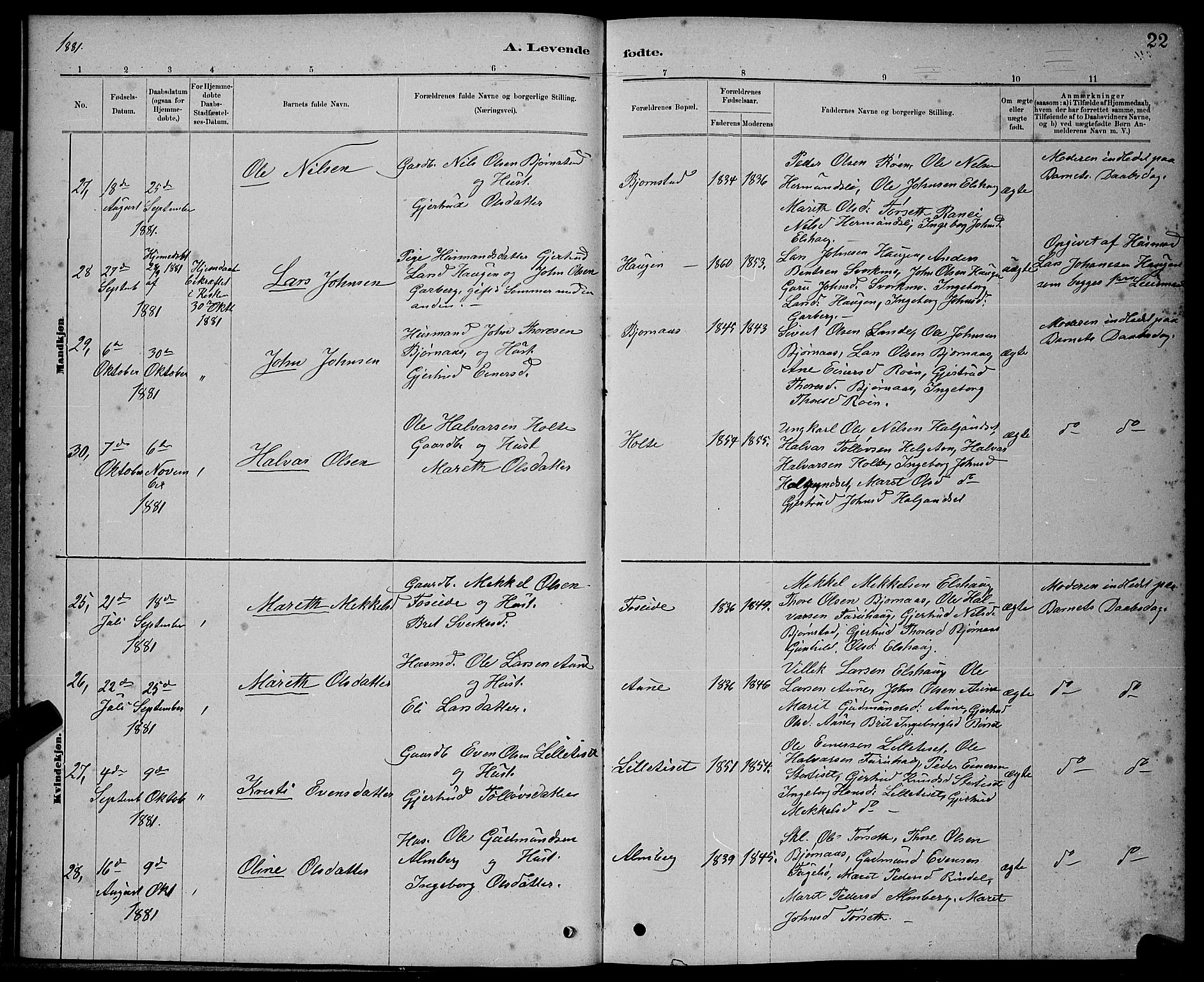 Ministerialprotokoller, klokkerbøker og fødselsregistre - Møre og Romsdal, AV/SAT-A-1454/598/L1077: Parish register (copy) no. 598C02, 1879-1891, p. 22