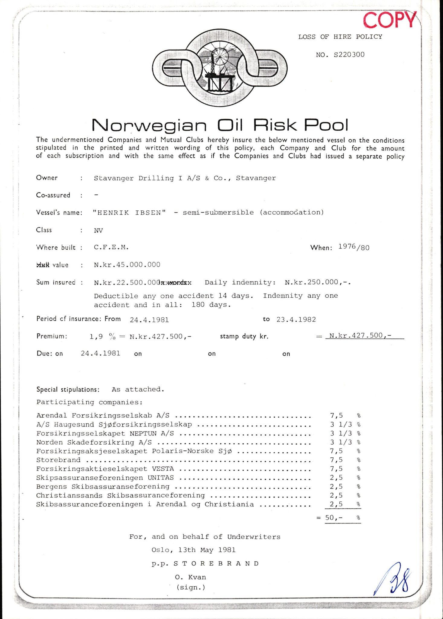 Pa 1503 - Stavanger Drilling AS, AV/SAST-A-101906/2/E/Ec/Eca/L0010: Forsikring, 1976-1983