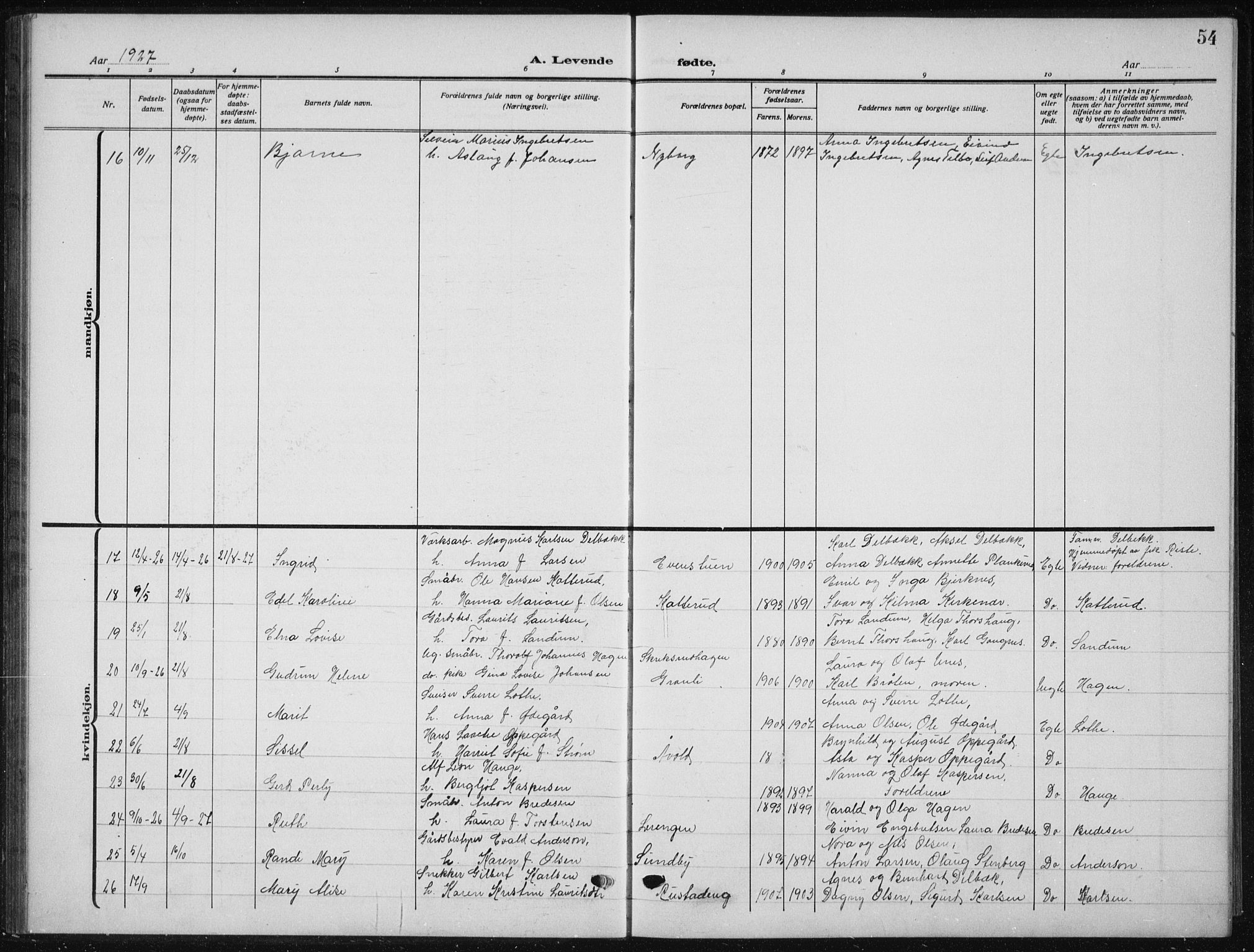 Nes prestekontor Kirkebøker, SAO/A-10410/G/Ga/L0003: Parish register (copy) no. I 3, 1913-1941, p. 54