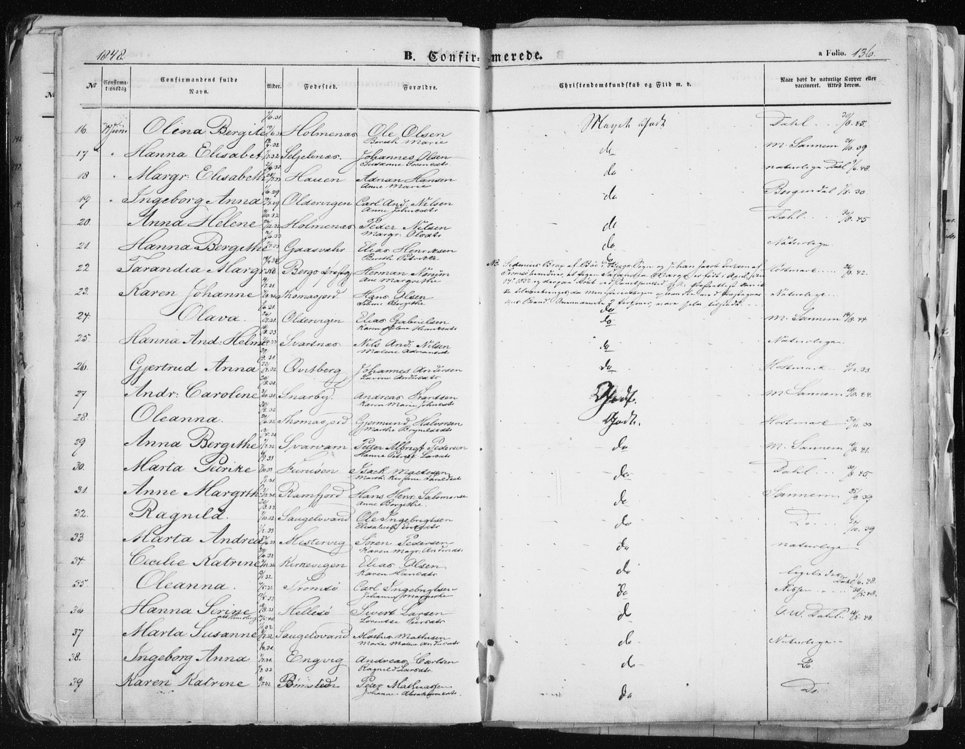 Tromsø sokneprestkontor/stiftsprosti/domprosti, AV/SATØ-S-1343/G/Ga/L0010kirke: Parish register (official) no. 10, 1848-1855, p. 136