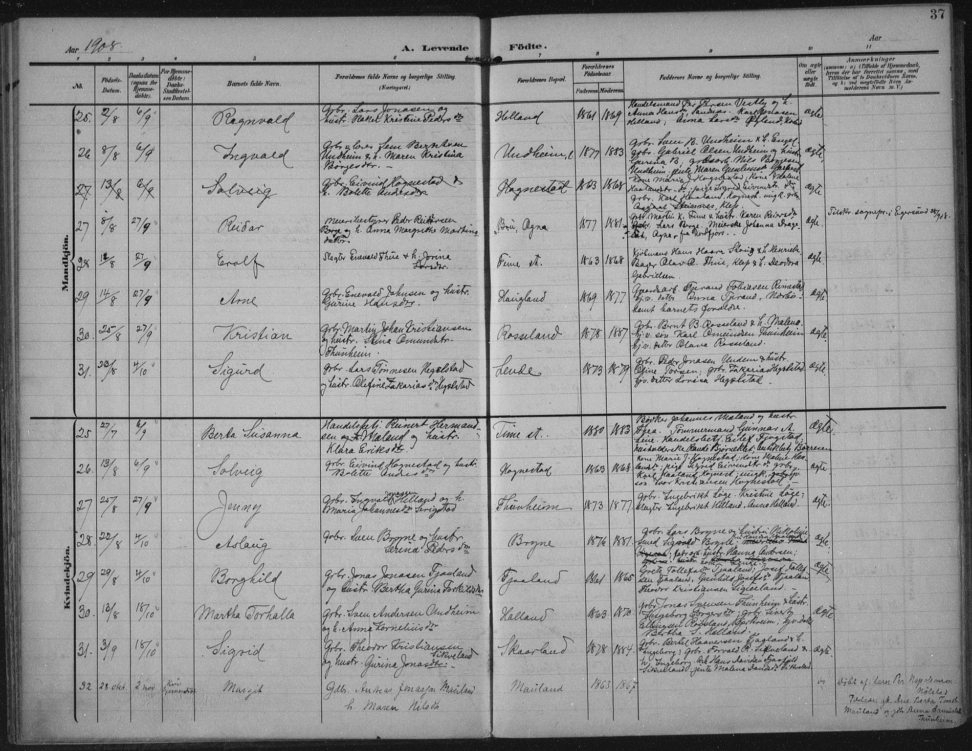 Lye sokneprestkontor, AV/SAST-A-101794/002/A/L0001: Parish register (official) no. A 12, 1904-1920, p. 37