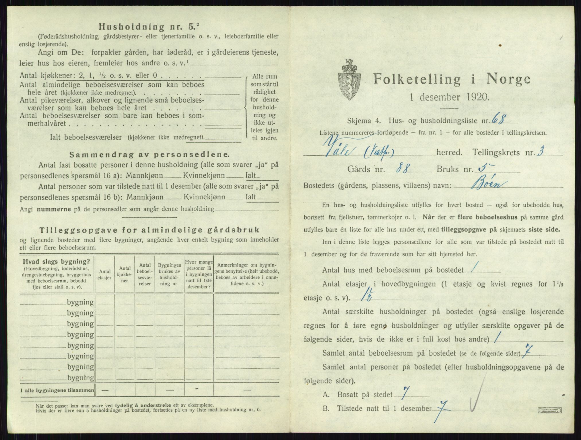 SAKO, 1920 census for Våle, 1920, p. 399