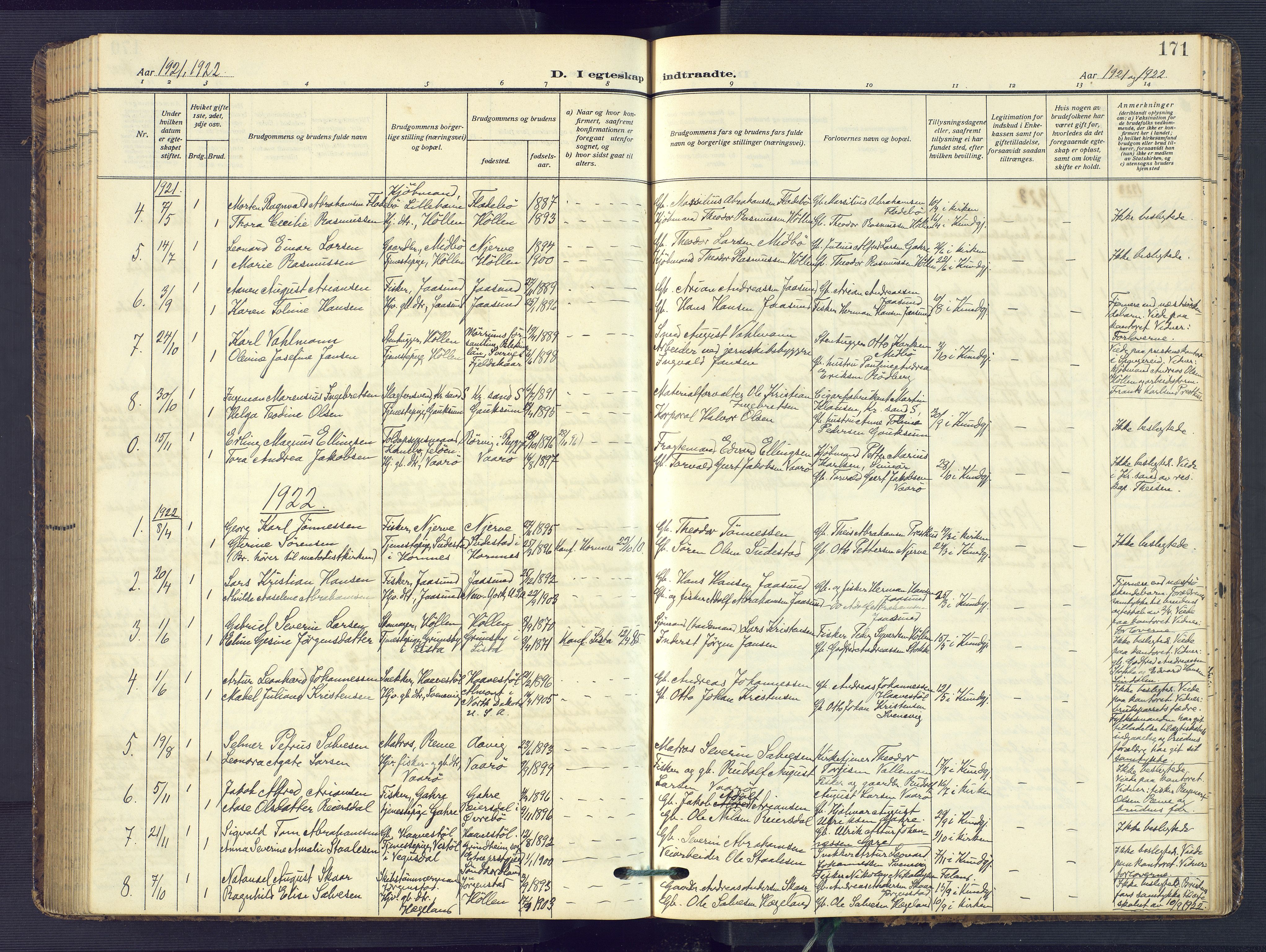 Sør-Audnedal sokneprestkontor, SAK/1111-0039/F/Fb/Fba/L0005: Parish register (copy) no. B 5, 1908-1963, p. 171