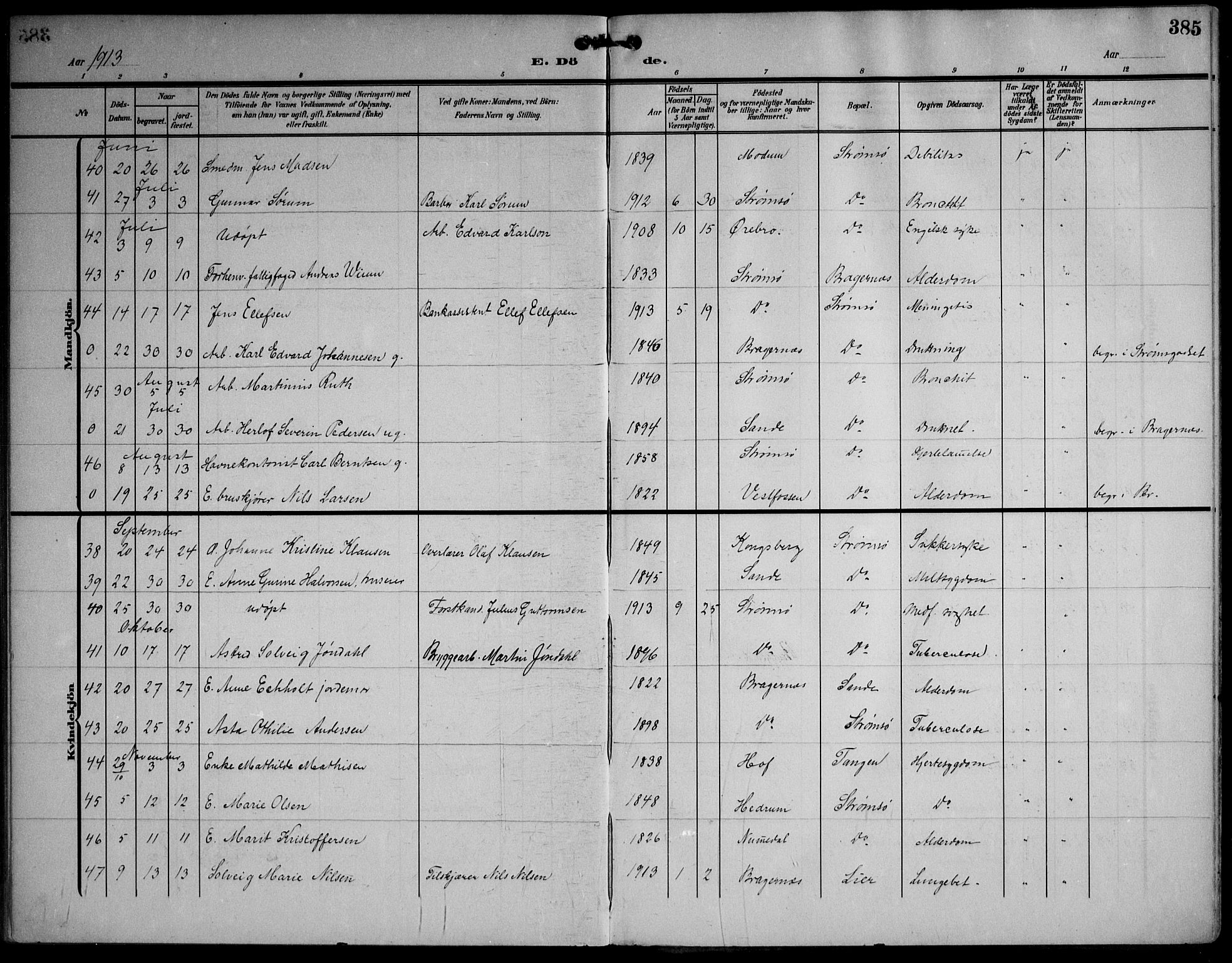 Strømsø kirkebøker, AV/SAKO-A-246/F/Fa/L0026: Parish register (official) no. I 26, 1905-1914, p. 385