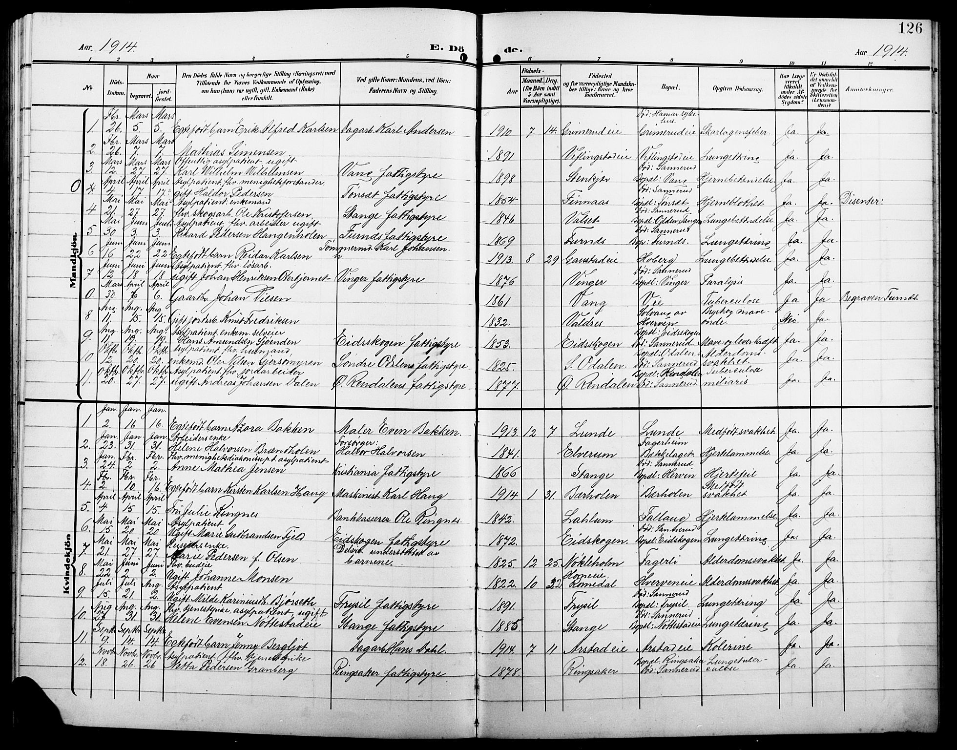 Stange prestekontor, SAH/PREST-002/L/L0013: Parish register (copy) no. 13, 1906-1915, p. 126