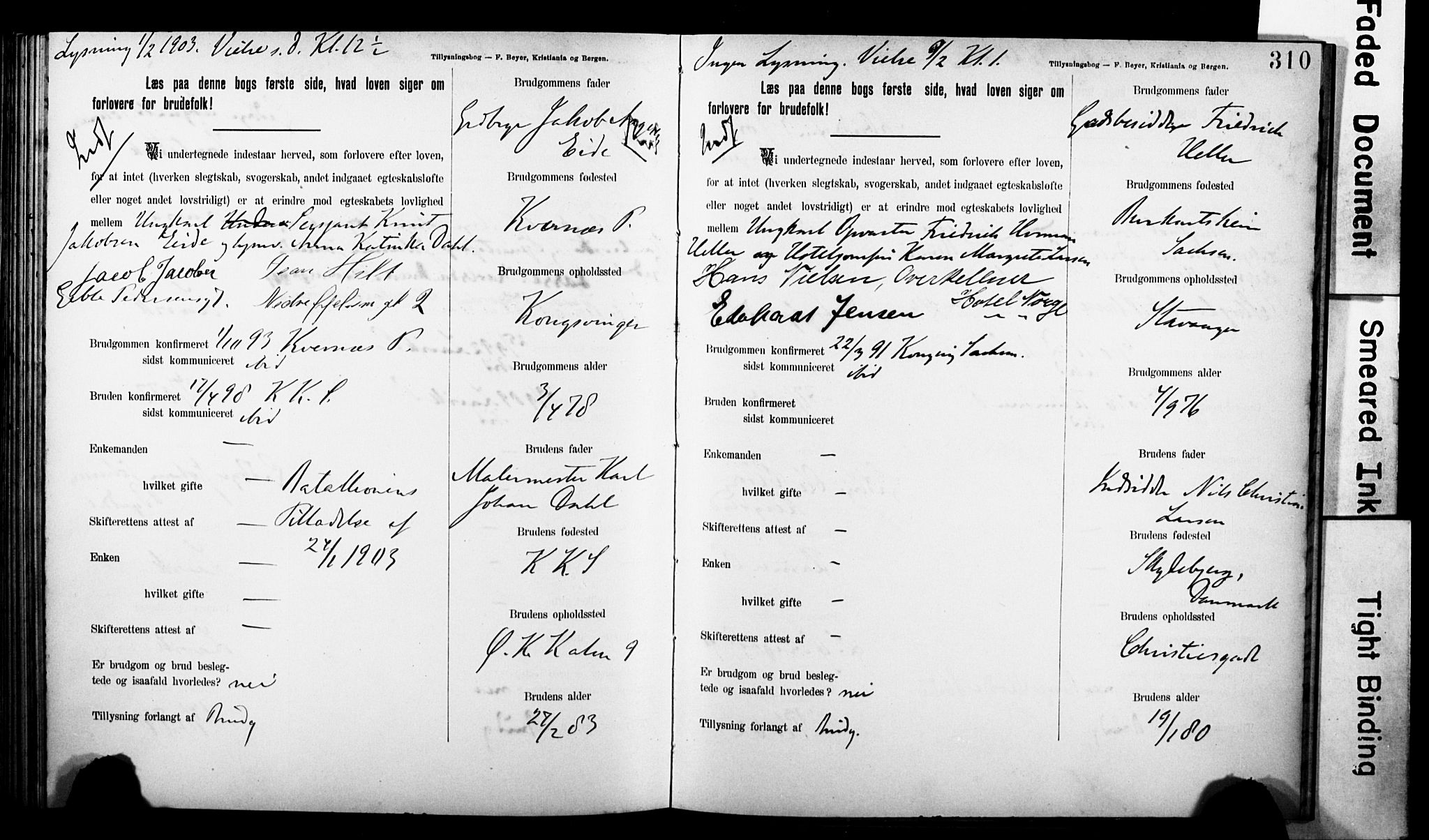 Korskirken sokneprestembete, AV/SAB-A-76101: Best man's statements no. II.5.7, 1898-1903, p. 310