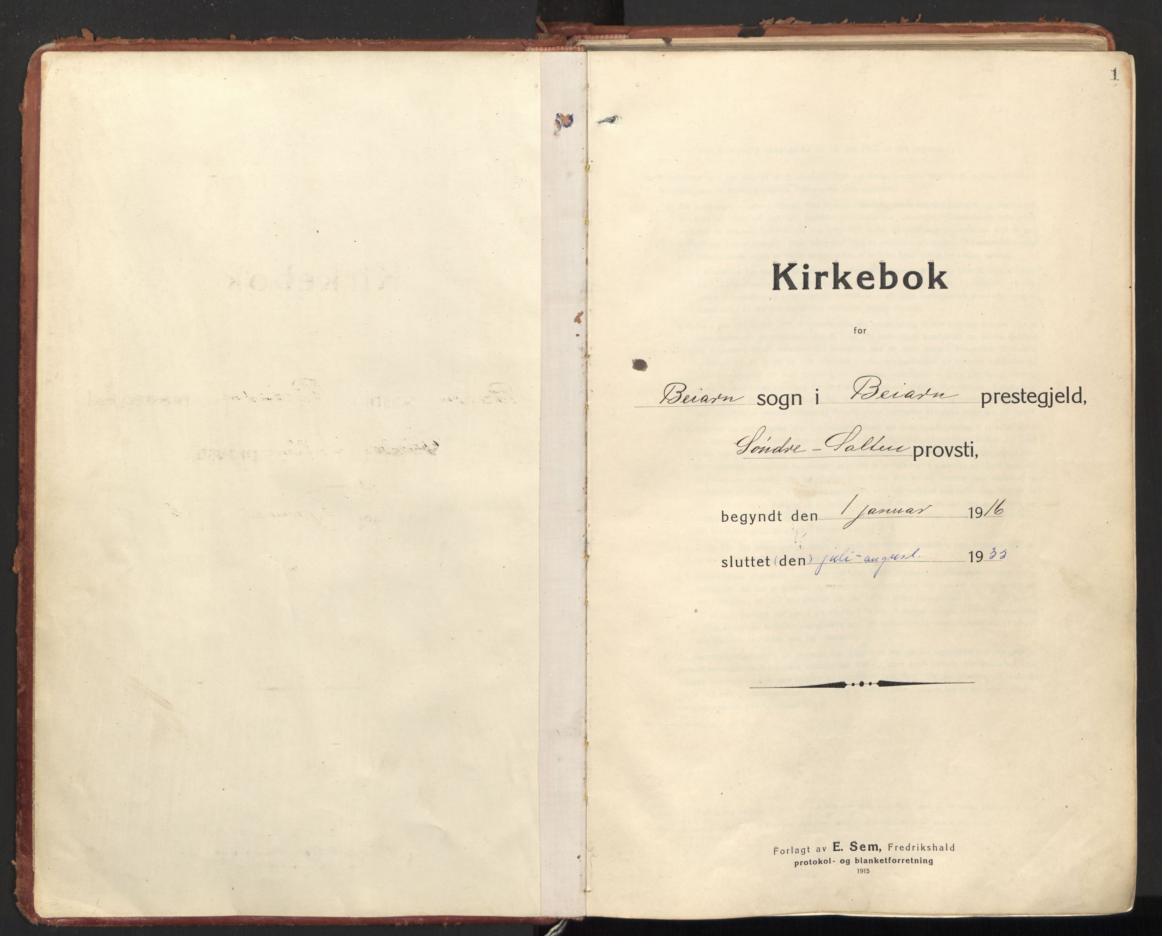 Ministerialprotokoller, klokkerbøker og fødselsregistre - Nordland, SAT/A-1459/846/L0650: Parish register (official) no. 846A08, 1916-1935, p. 1