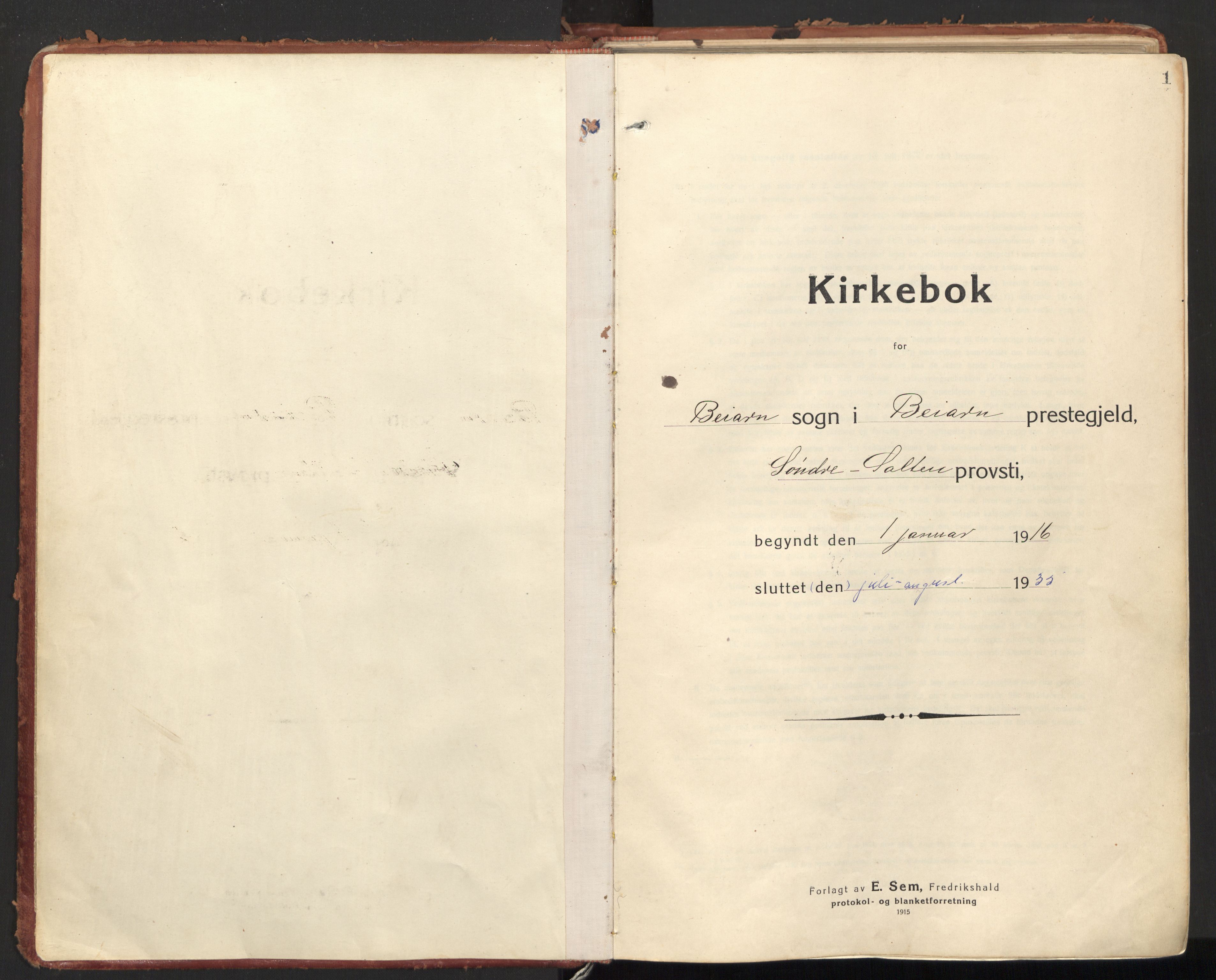 Ministerialprotokoller, klokkerbøker og fødselsregistre - Nordland, AV/SAT-A-1459/846/L0650: Parish register (official) no. 846A08, 1916-1935, p. 1