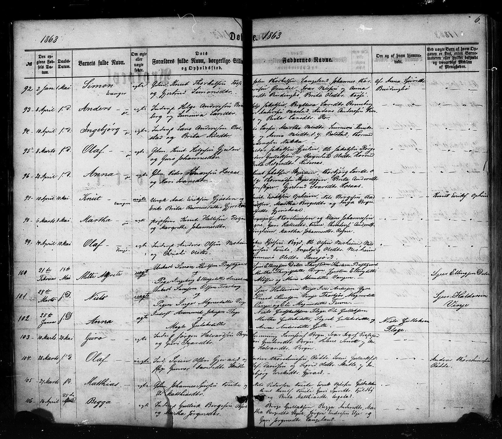 Voss sokneprestembete, AV/SAB-A-79001/H/Haa: Parish register (official) no. A 17, 1863-1886, p. 6