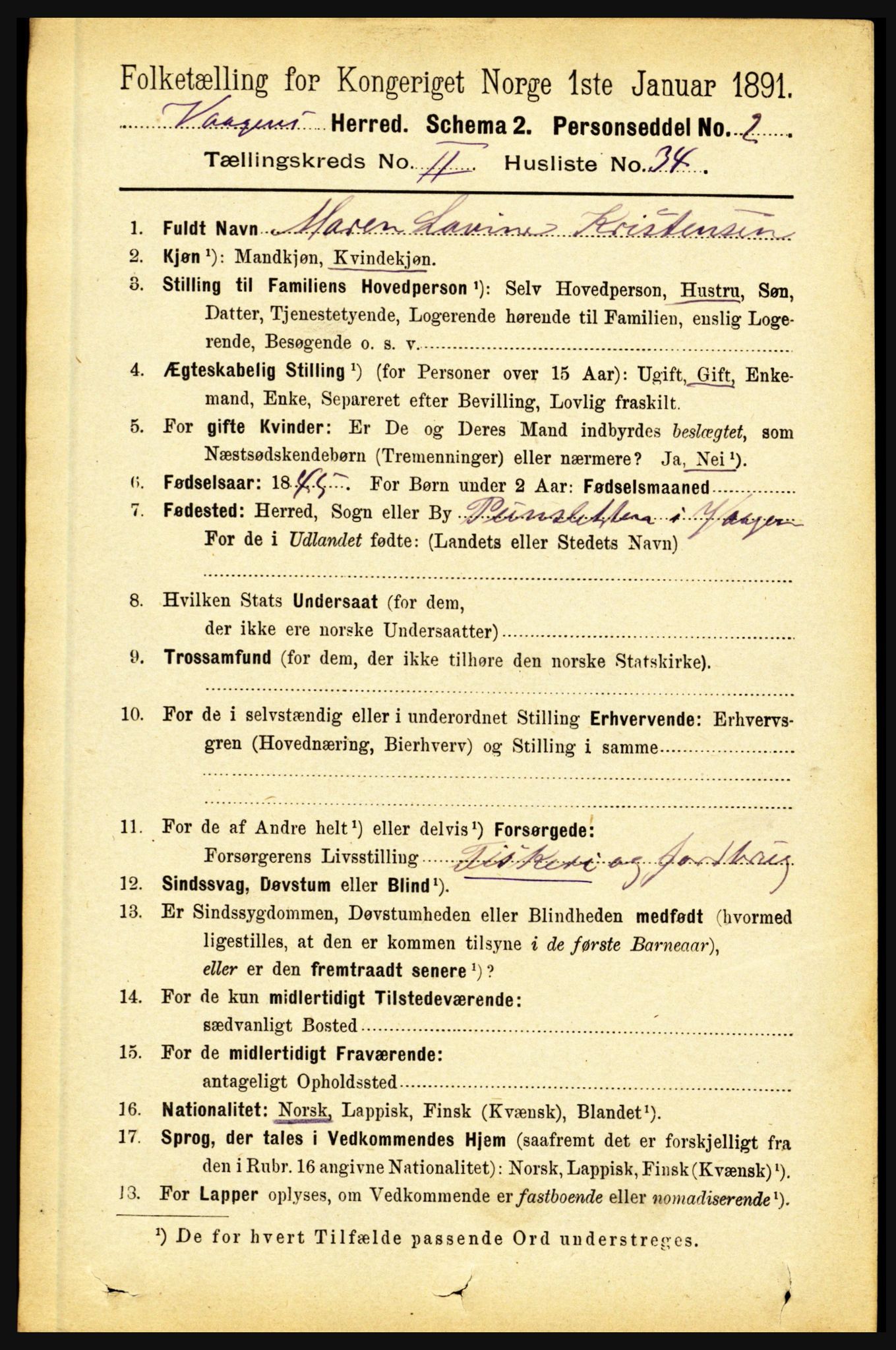 RA, 1891 census for 1865 Vågan, 1891, p. 646