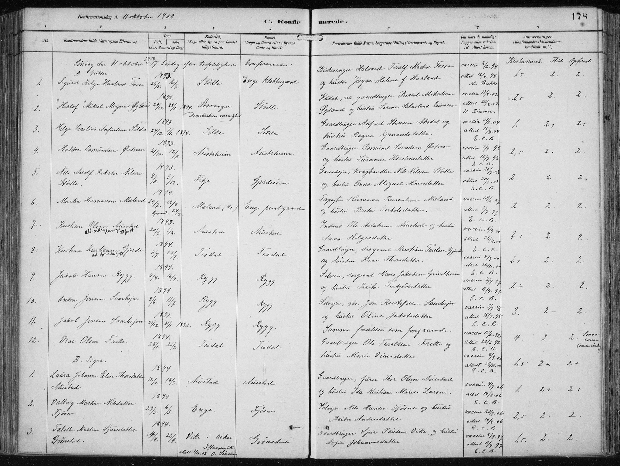 Etne sokneprestembete, SAB/A-75001/H/Haa: Parish register (official) no. B  1, 1879-1919, p. 178