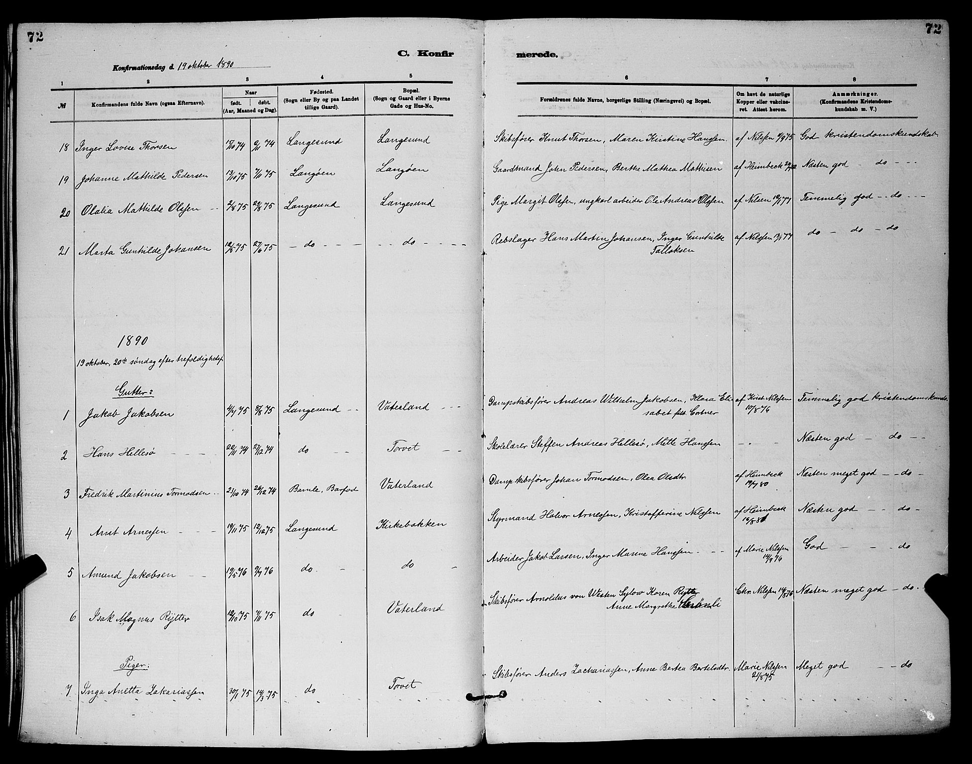 Langesund kirkebøker, SAKO/A-280/G/Ga/L0005: Parish register (copy) no. 5, 1884-1898, p. 72