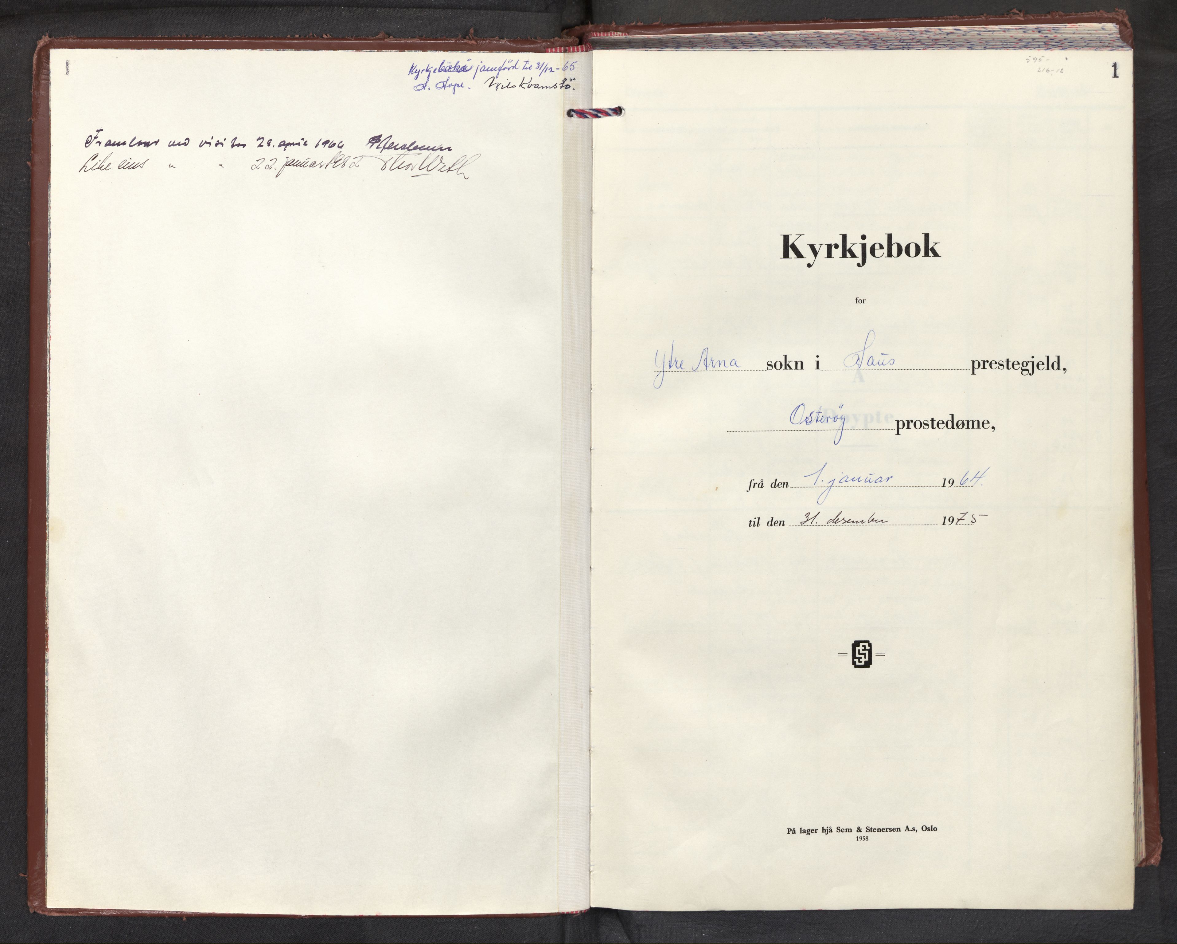 Arna Sokneprestembete, SAB/A-74001/H/Ha/Haa/Haag/L0001: Parish register (official) no. G 1, 1964-1975, p. 0b-1a