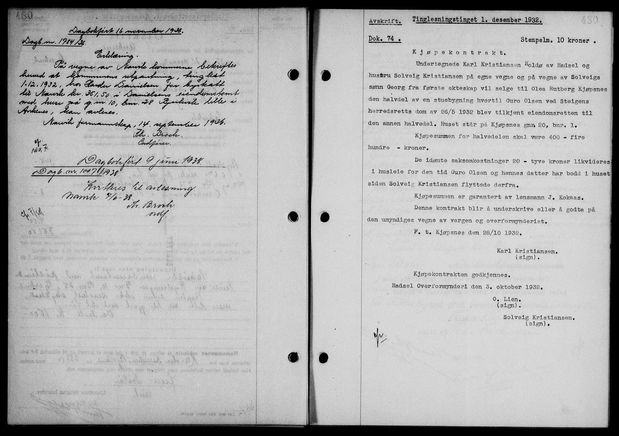 Steigen og Ofoten sorenskriveri, SAT/A-0030/1/2/2C/L0022/0001: Mortgage book no. 25-II og 26-I, 1932-1933, Deed date: 15.12.1932