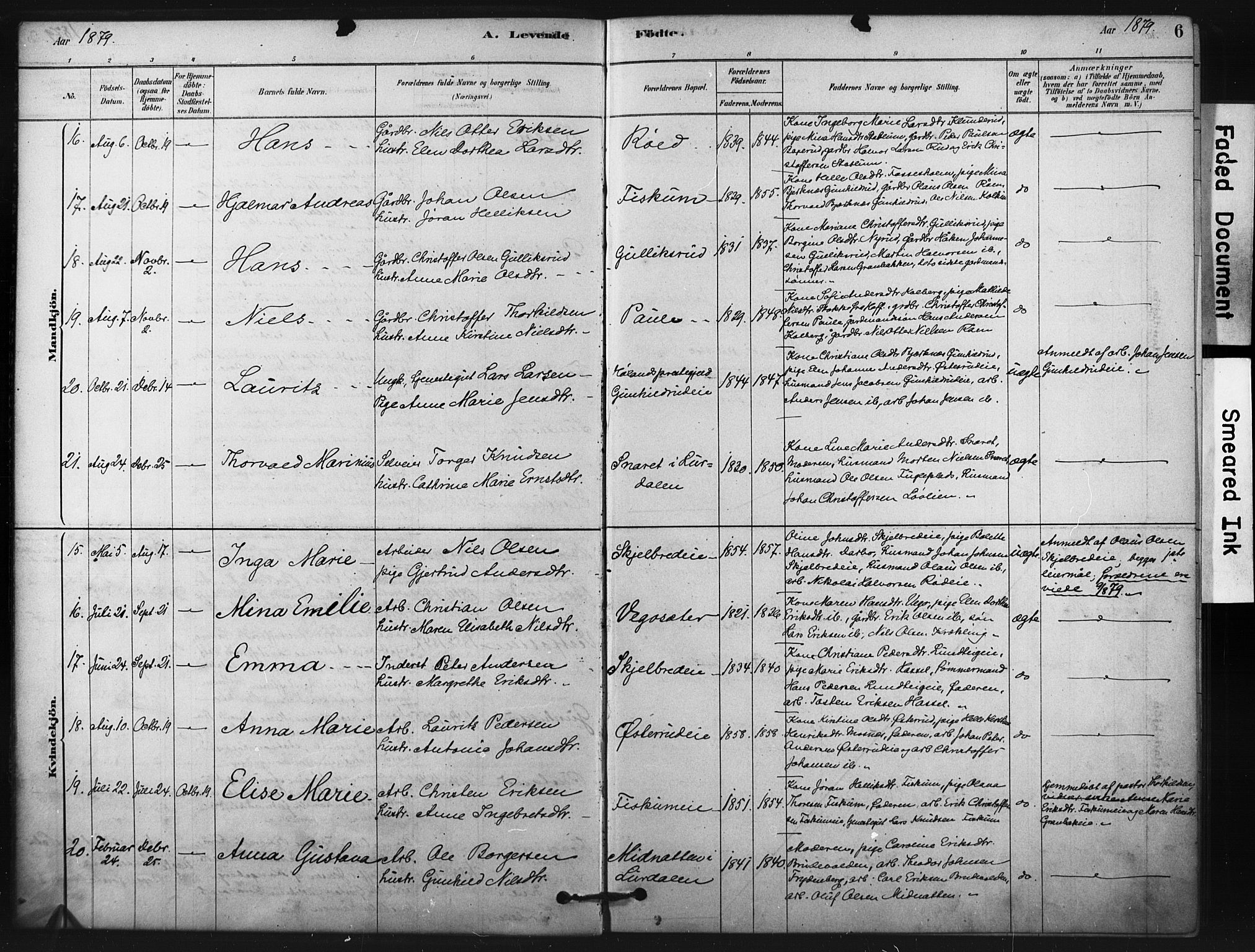 Fiskum kirkebøker, AV/SAKO-A-15/F/Fa/L0002: Parish register (official) no. 2, 1878-1890, p. 6