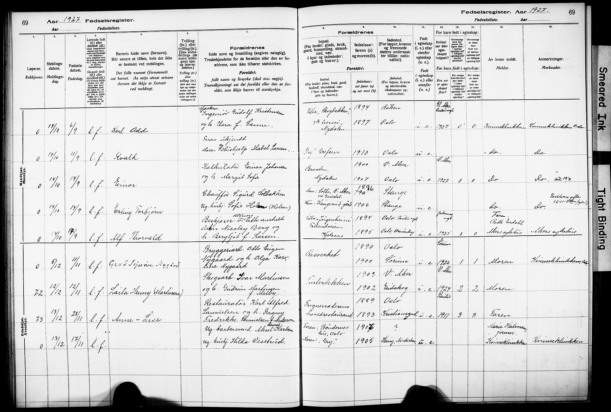 Vestre Aker prestekontor Kirkebøker, AV/SAO-A-10025/J/Ja/L0003: Birth register no. 3, 1926-1930, p. 69