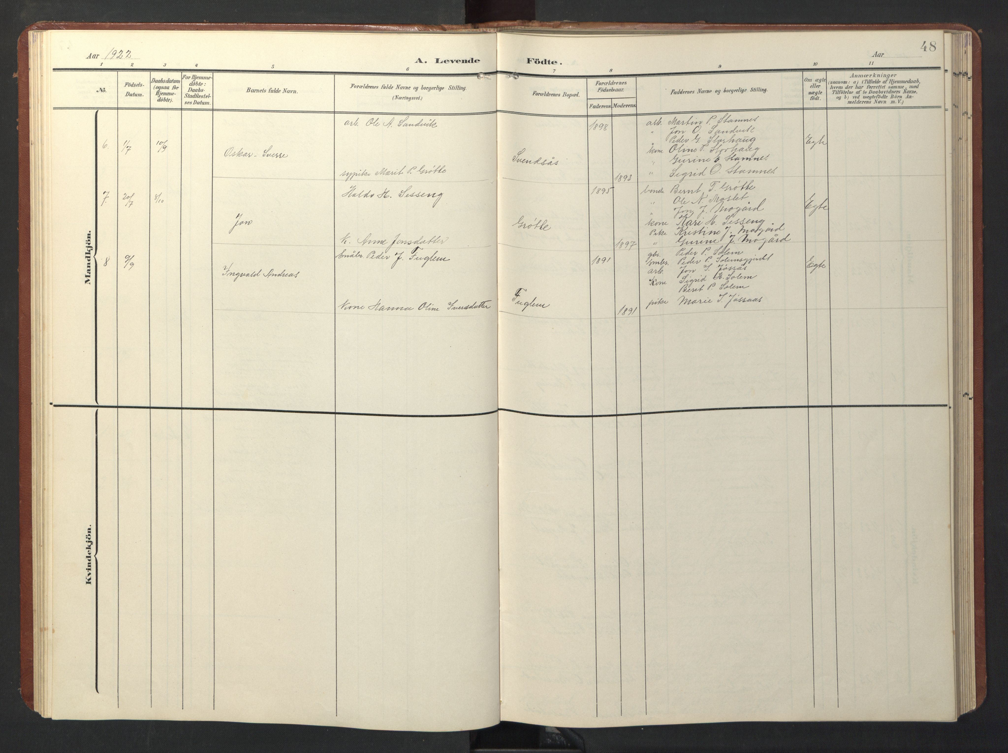 Ministerialprotokoller, klokkerbøker og fødselsregistre - Sør-Trøndelag, SAT/A-1456/696/L1161: Parish register (copy) no. 696C01, 1902-1950, p. 48