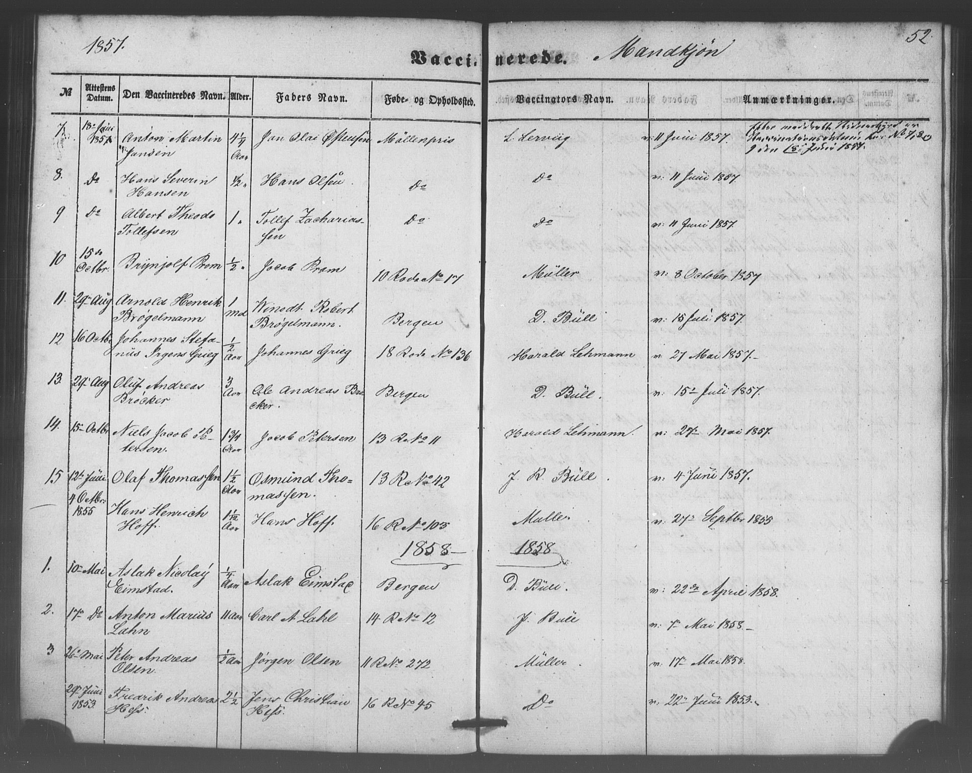 Domkirken sokneprestembete, SAB/A-74801/H/Haa/L0047: Parish register (official) no. F 2, 1852-1868, p. 52