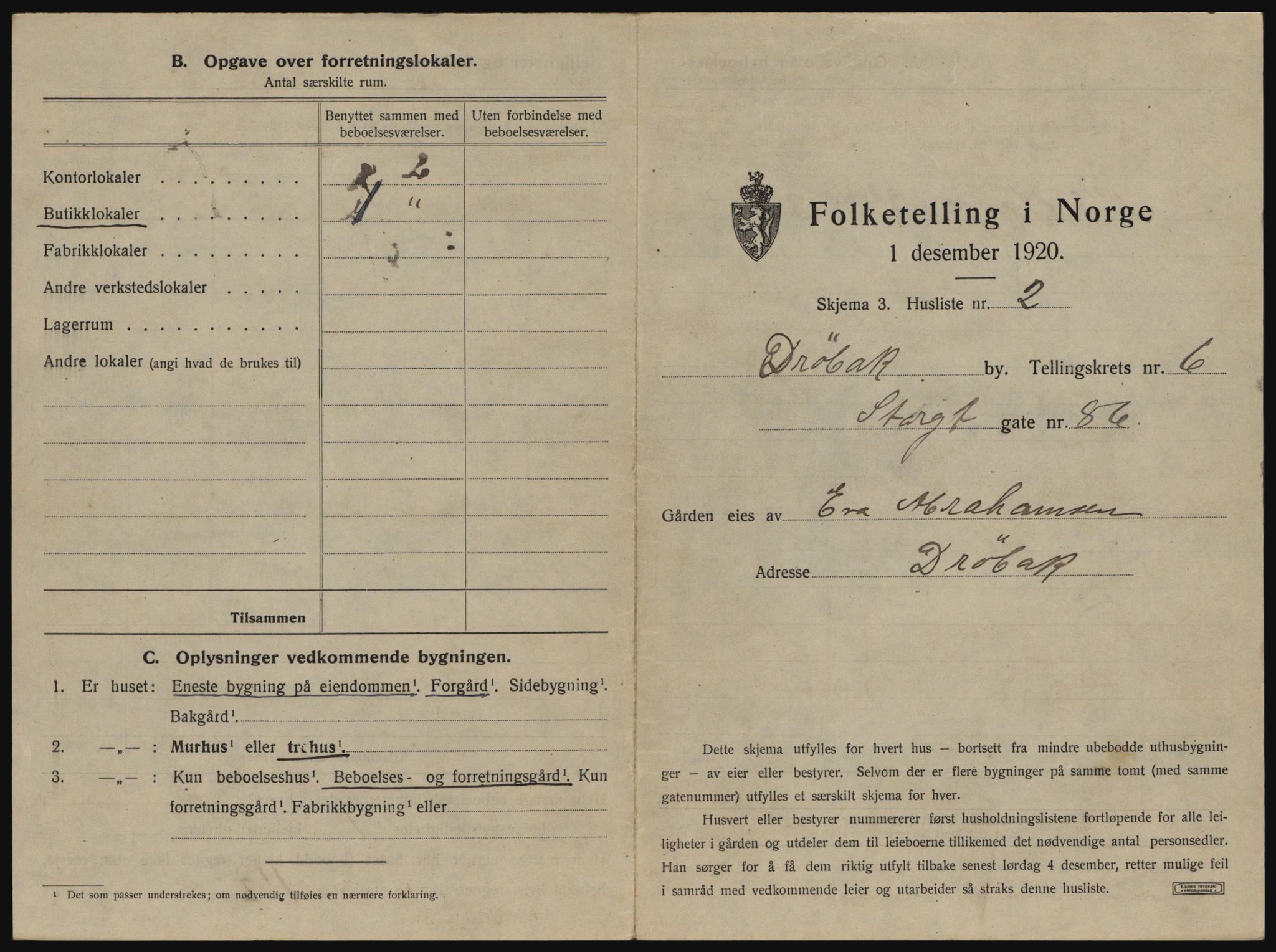 SAO, 1920 census for Drøbak, 1920, p. 523