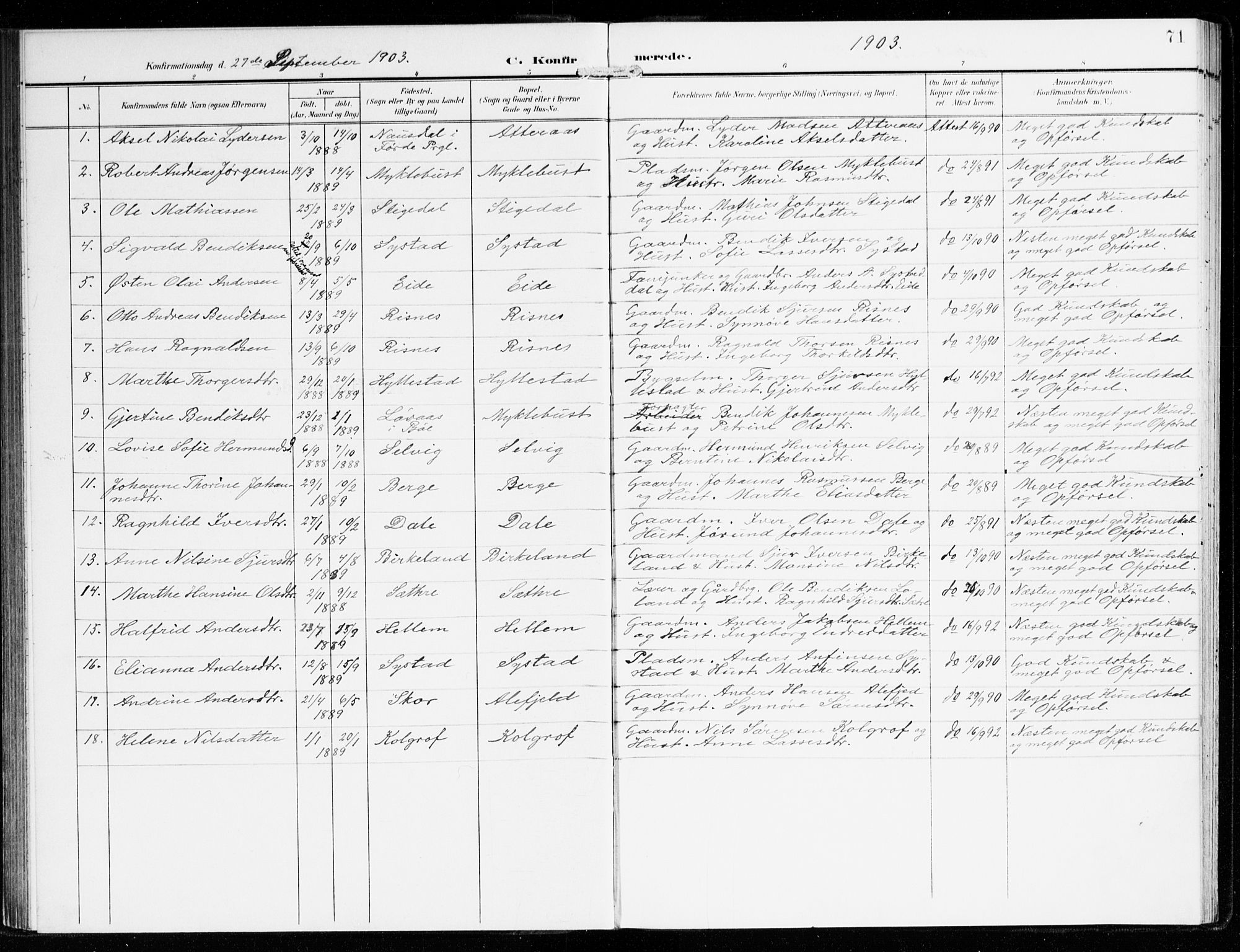 Hyllestad sokneprestembete, SAB/A-80401: Parish register (official) no. B 2, 1903-1917, p. 71
