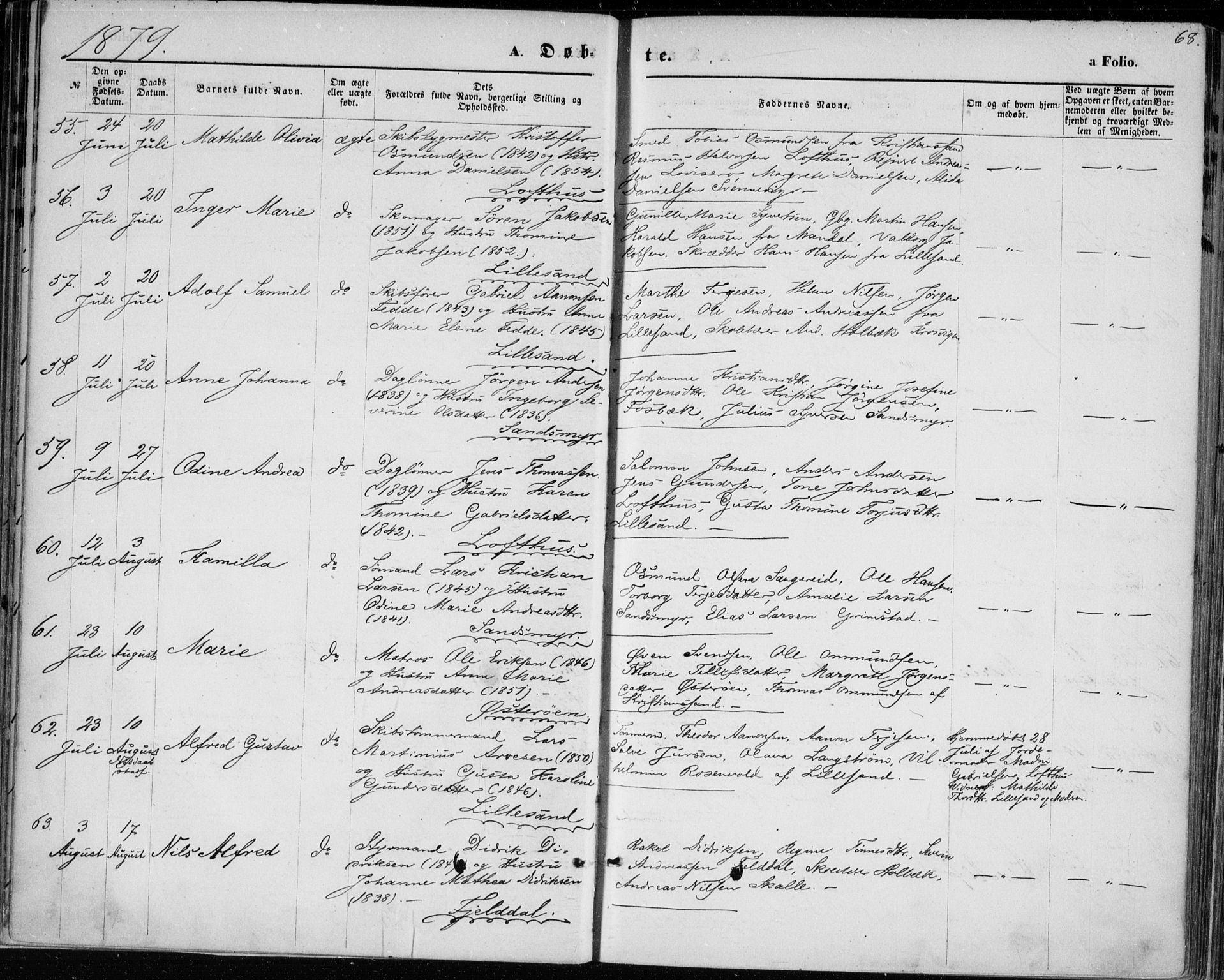 Vestre Moland sokneprestkontor, AV/SAK-1111-0046/F/Fa/Fab/L0008: Parish register (official) no. A 8, 1873-1883, p. 68