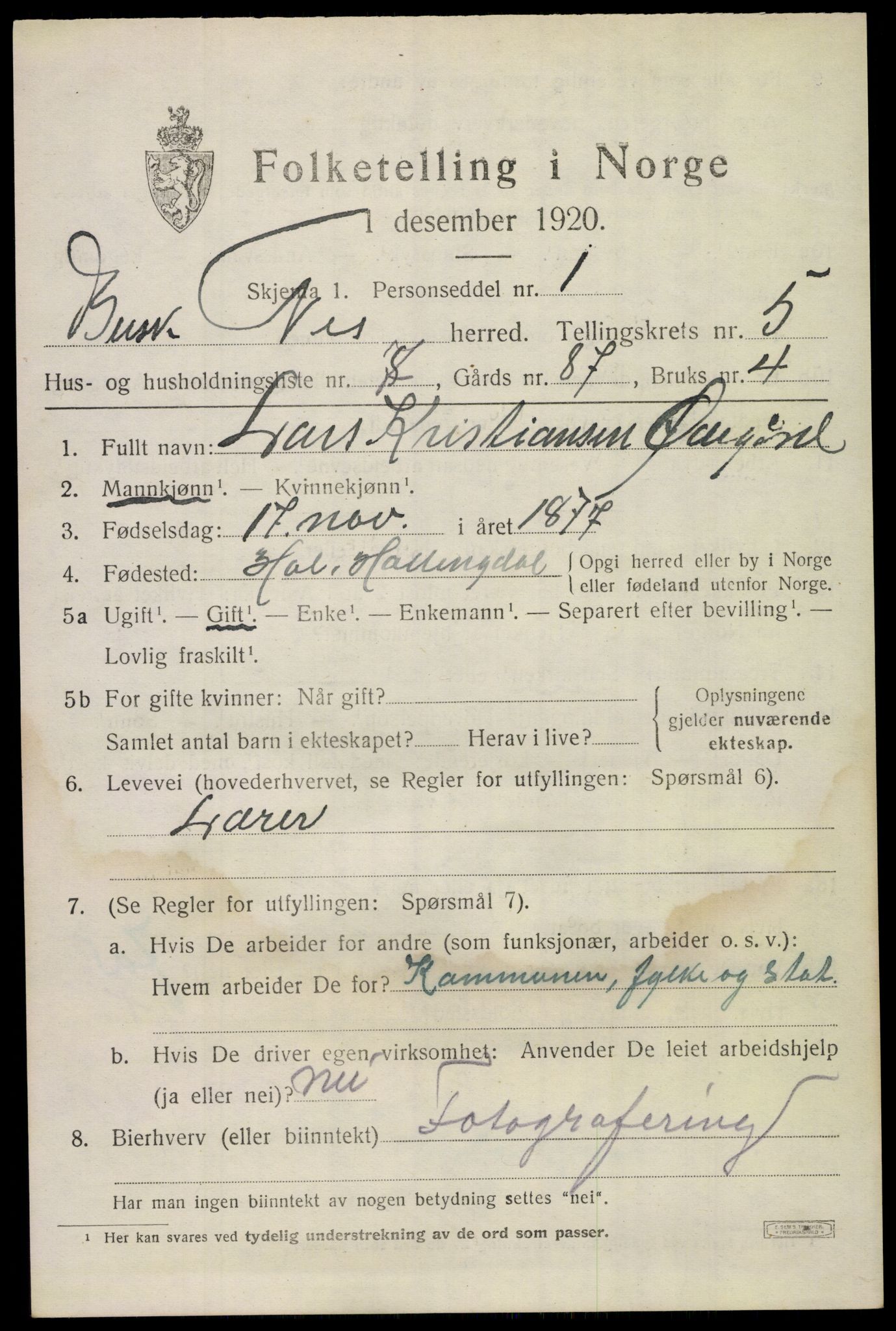 SAKO, 1920 census for Nes (Buskerud), 1920, p. 2566