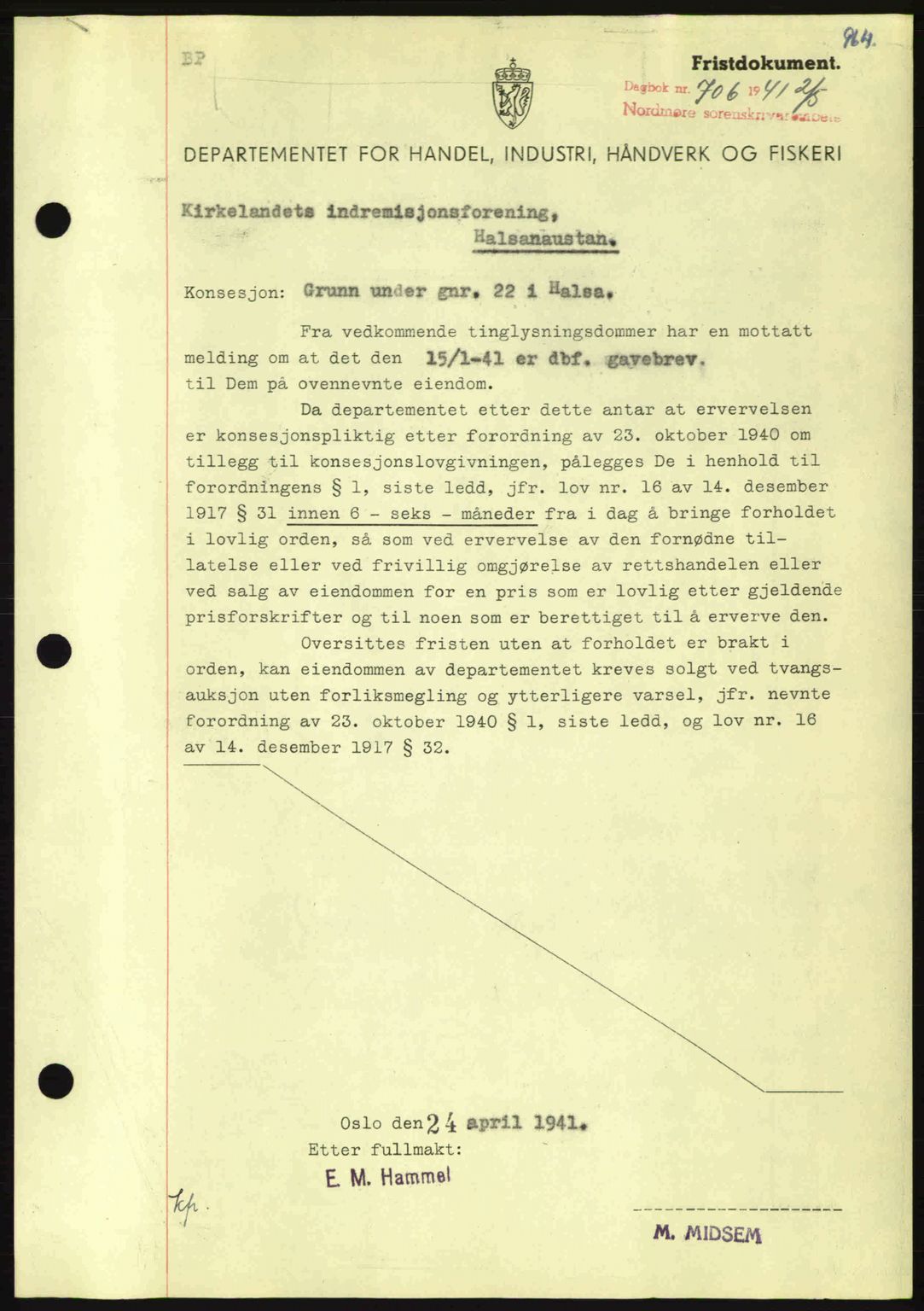 Nordmøre sorenskriveri, AV/SAT-A-4132/1/2/2Ca: Mortgage book no. B87, 1940-1941, Diary no: : 706/1941