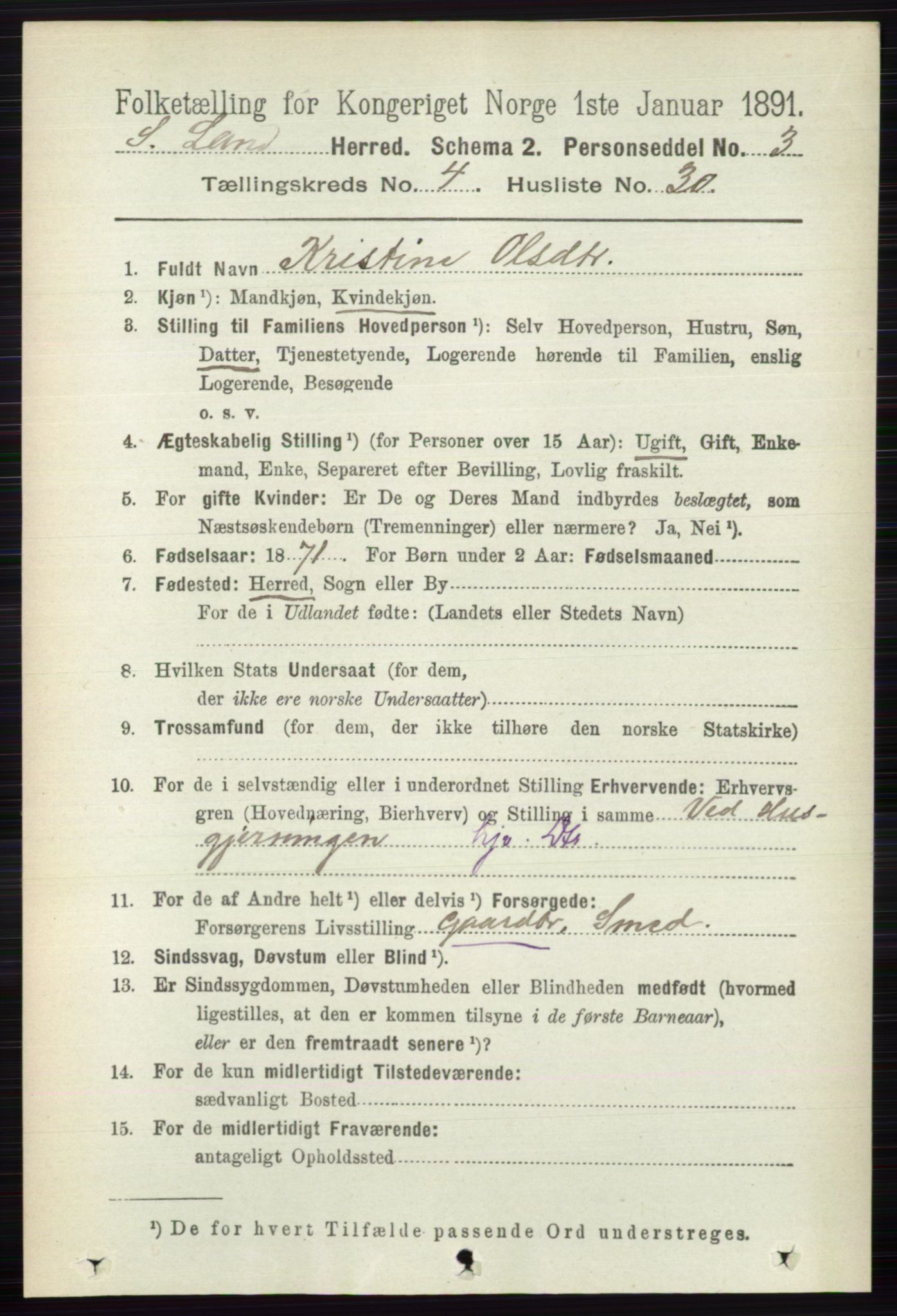 RA, 1891 census for 0536 Søndre Land, 1891, p. 4158