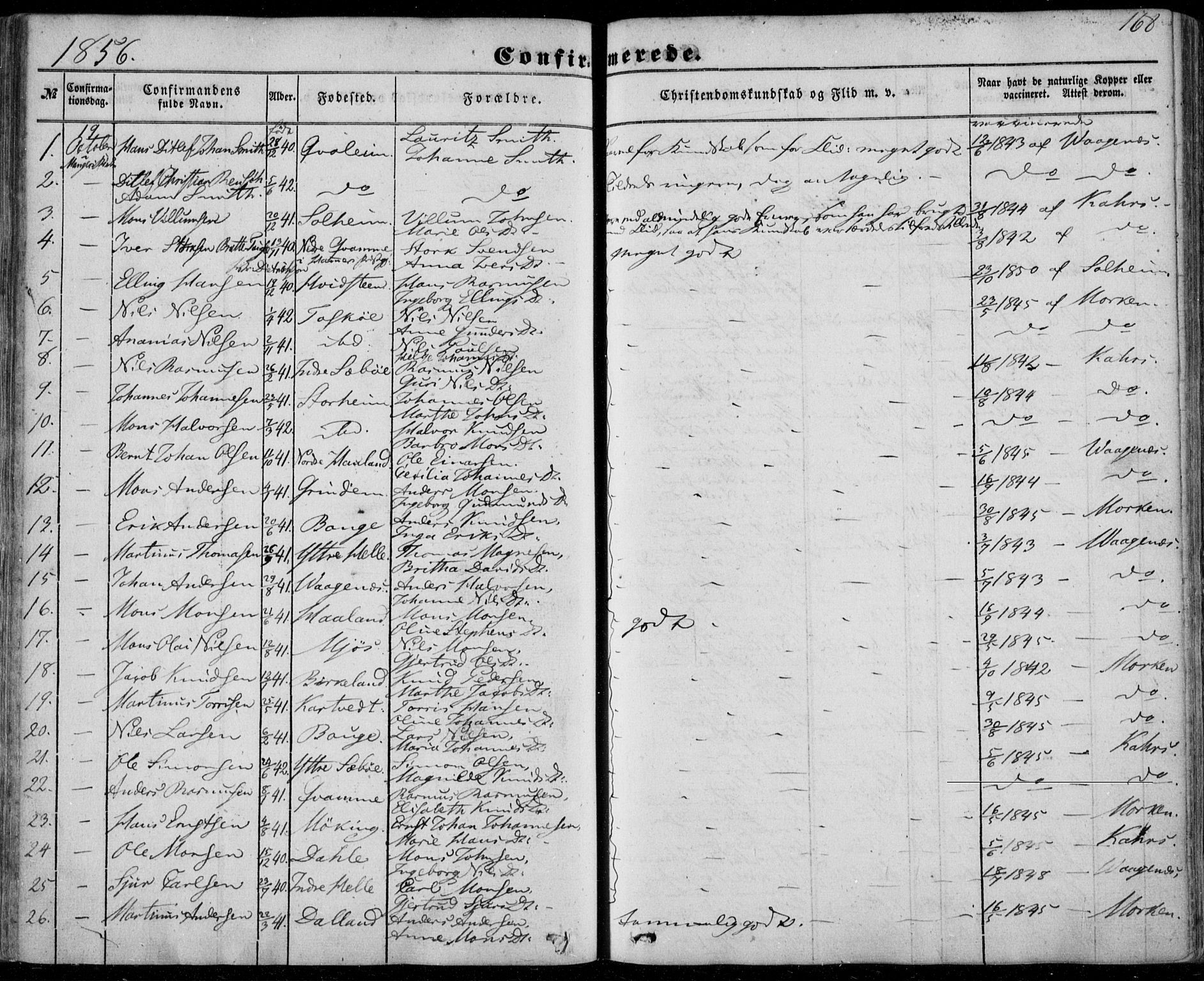 Manger sokneprestembete, AV/SAB-A-76801/H/Haa: Parish register (official) no. A 6, 1849-1859, p. 168