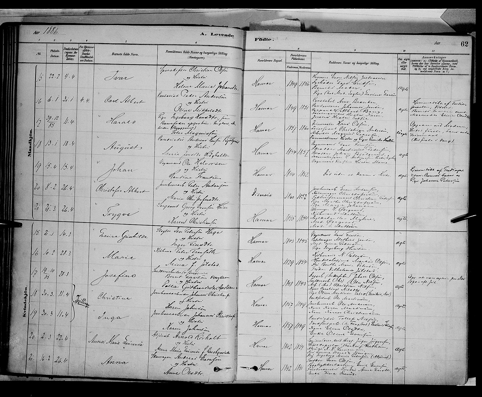 Vang prestekontor, Hedmark, AV/SAH-PREST-008/H/Ha/Haa/L0016: Parish register (official) no. 16, 1878-1889, p. 62