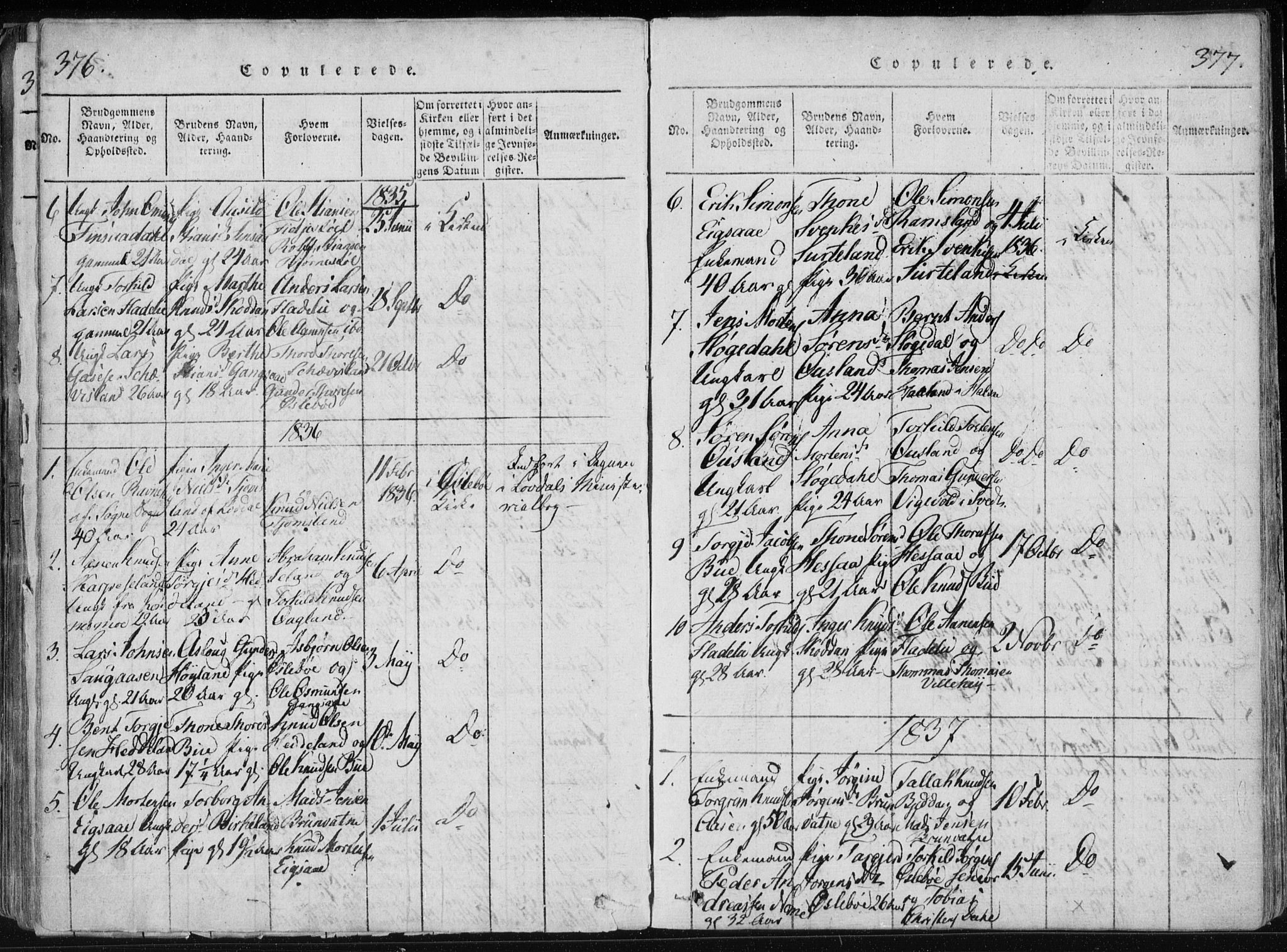 Holum sokneprestkontor, AV/SAK-1111-0022/F/Fa/Fac/L0002: Parish register (official) no. A 2, 1821-1859, p. 376-377