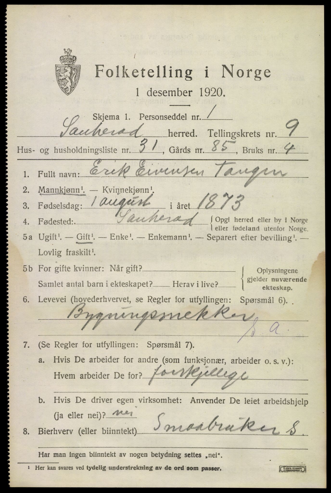 SAKO, 1920 census for Sauherad, 1920, p. 7151