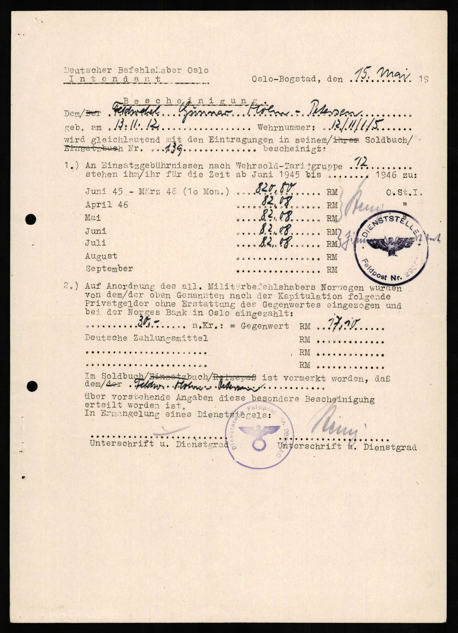 Forsvaret, Forsvarets overkommando II, AV/RA-RAFA-3915/D/Db/L0013: CI Questionaires. Tyske okkupasjonsstyrker i Norge. Tyskere., 1945-1946, p. 412