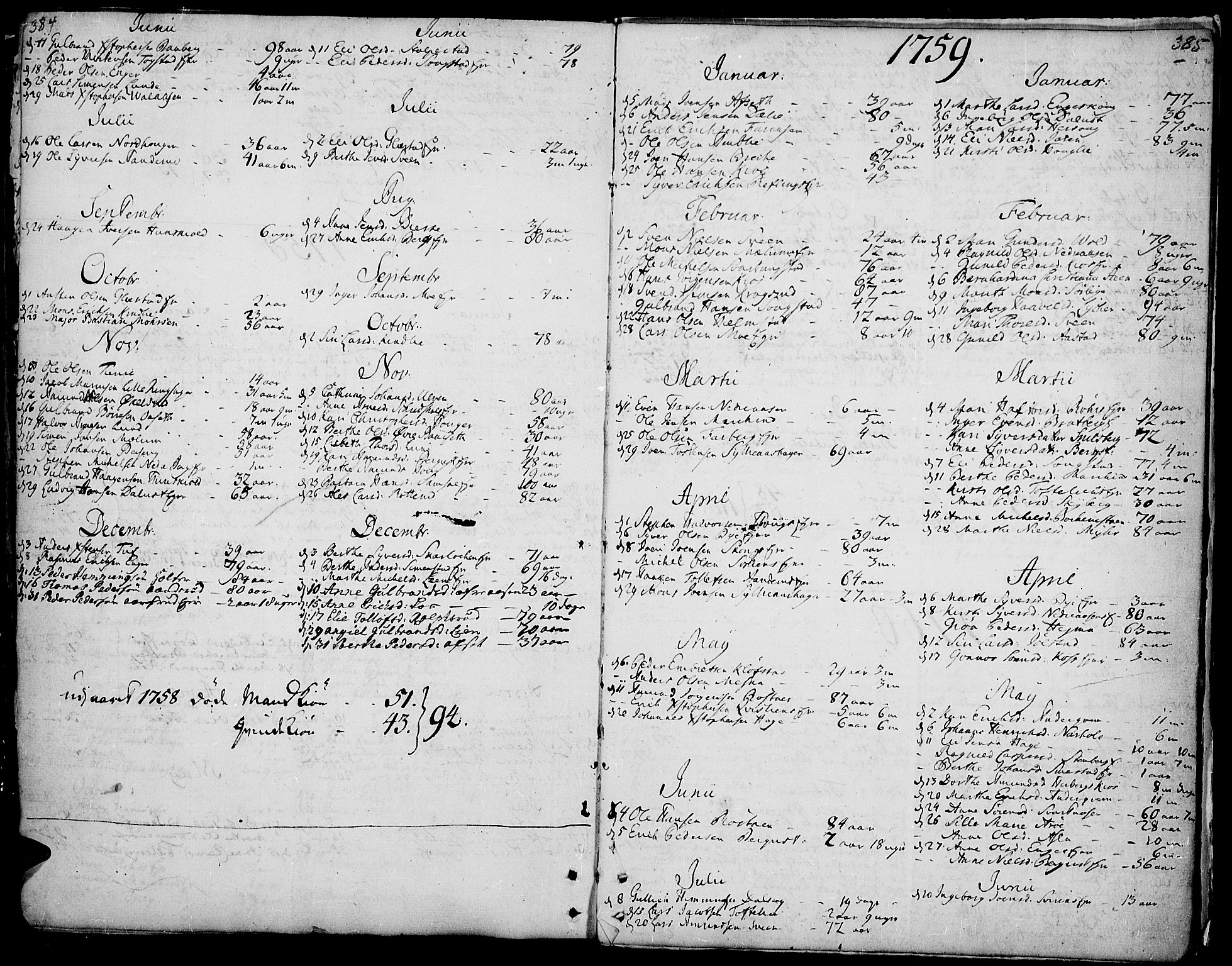 Ringsaker prestekontor, AV/SAH-PREST-014/K/Ka/L0002: Parish register (official) no. 2, 1747-1774, p. 384-385