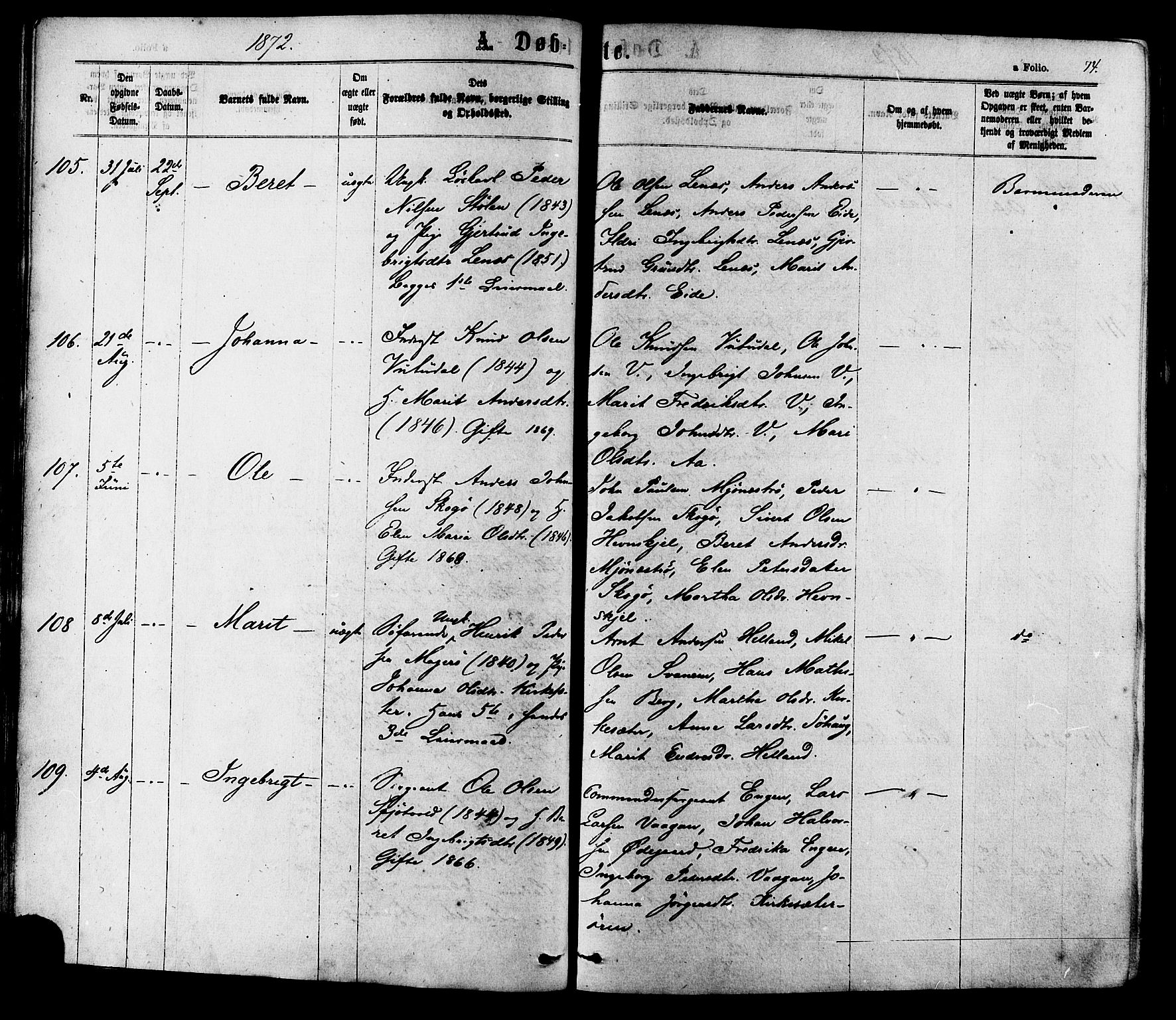 Ministerialprotokoller, klokkerbøker og fødselsregistre - Sør-Trøndelag, AV/SAT-A-1456/630/L0495: Parish register (official) no. 630A08, 1868-1878, p. 74