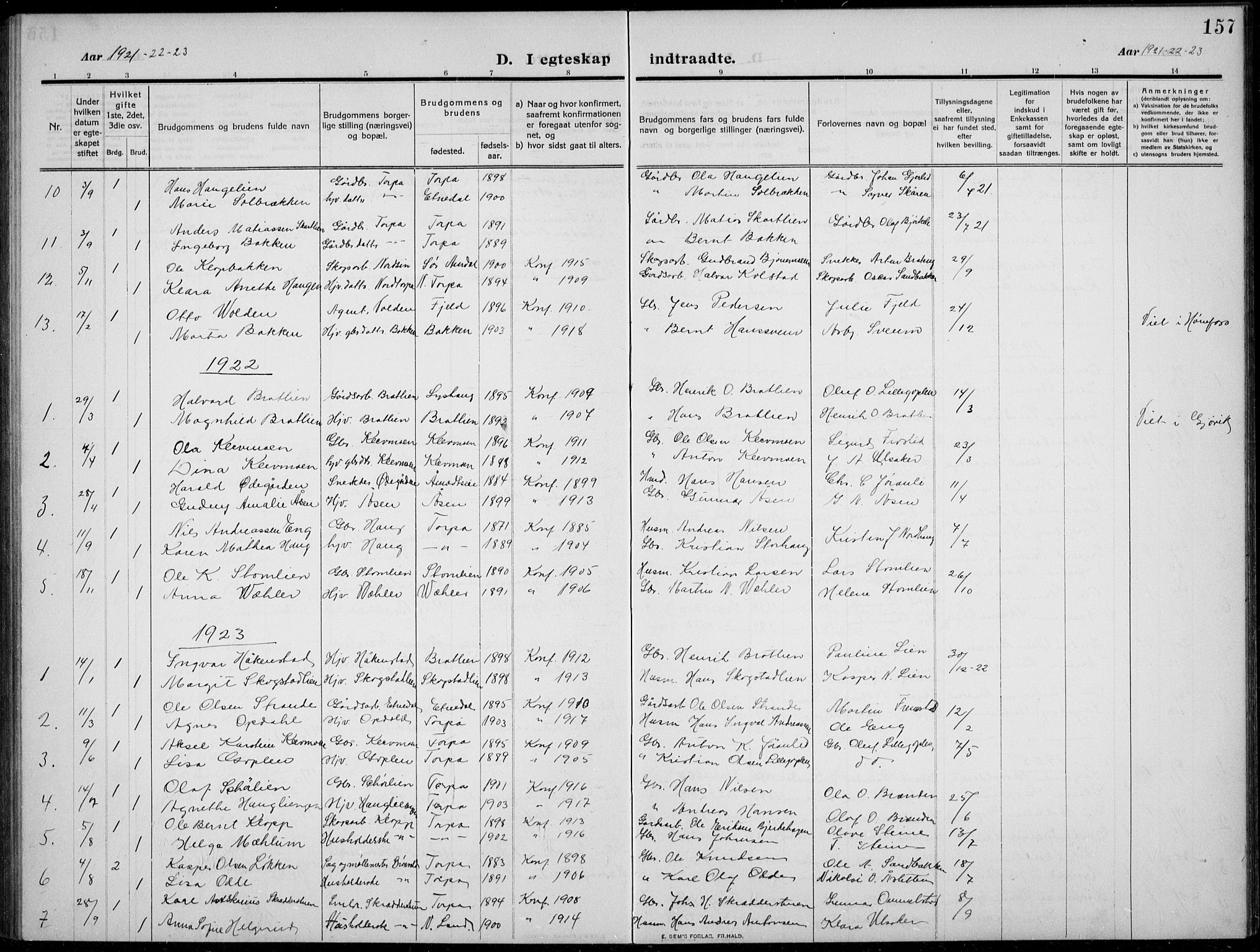Nordre Land prestekontor, AV/SAH-PREST-124/H/Ha/Hab/L0002: Parish register (copy) no. 2, 1909-1934, p. 157